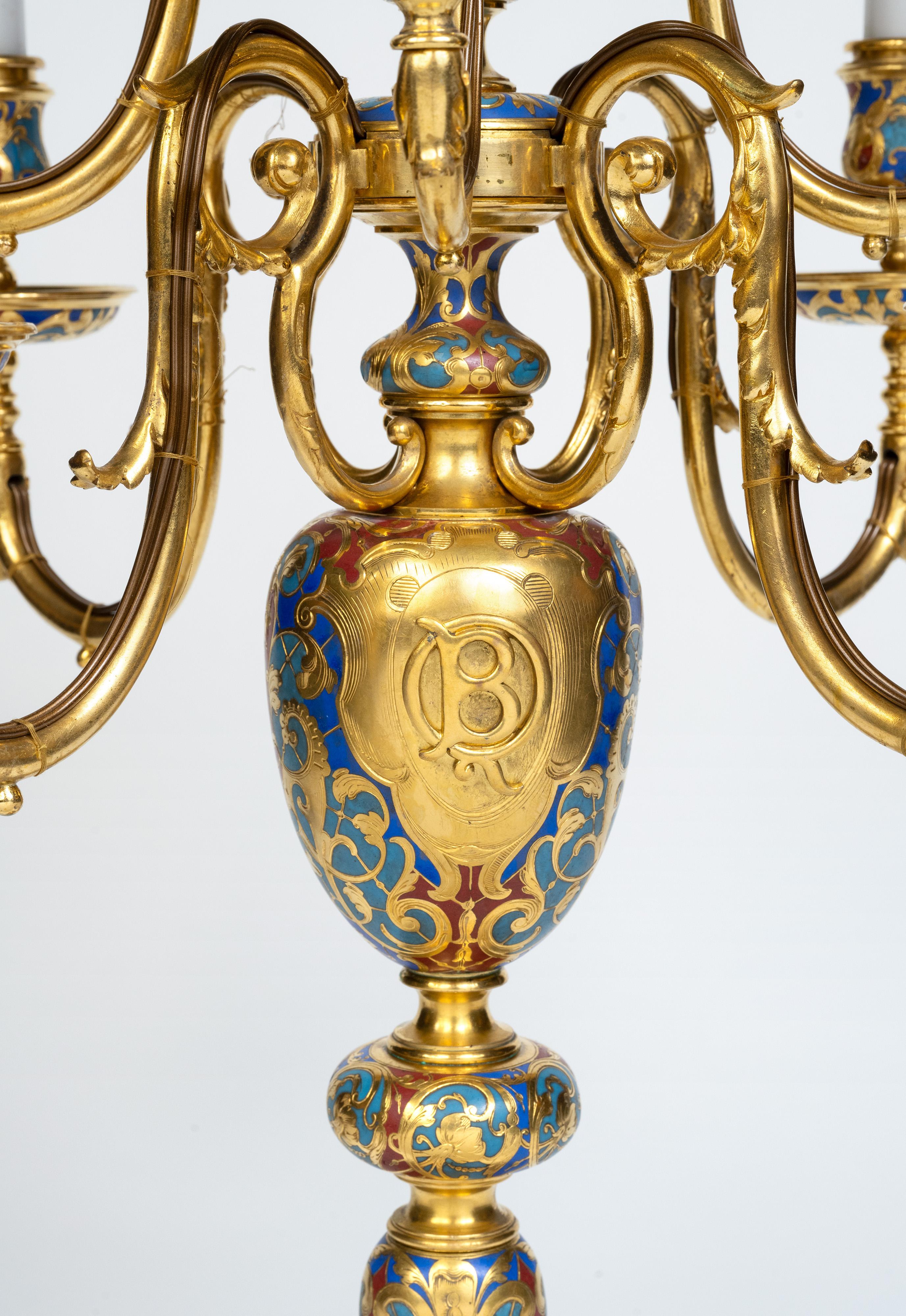 An Exceptional Pair of Champleve Enamel Ormolu Candelabra by Sevin & Barbedienne In Good Condition For Sale In New York, NY