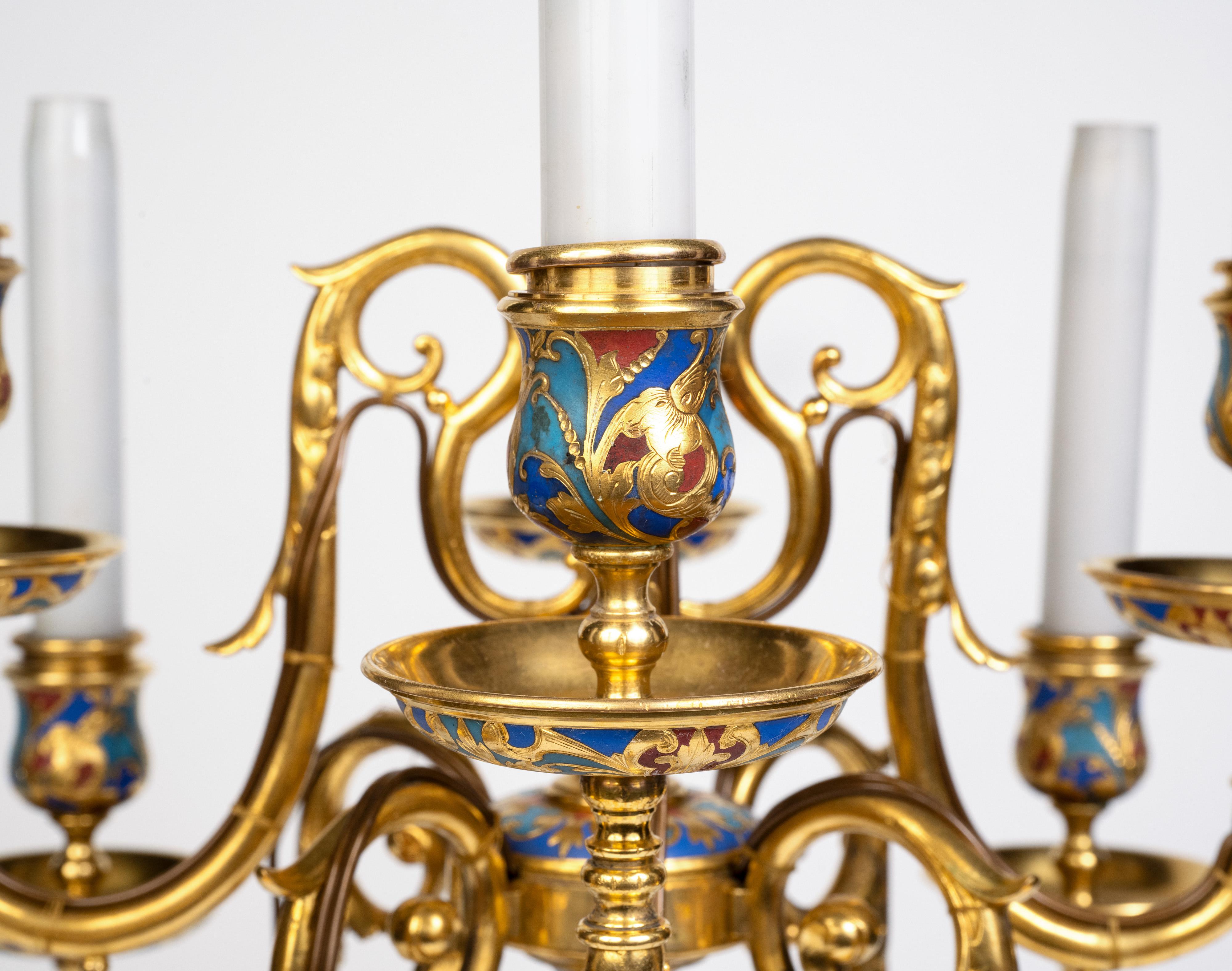 Une paire exceptionnelle de candélabres en émail champlevé et bronze doré de Sevin & Barbedienne en vente 1
