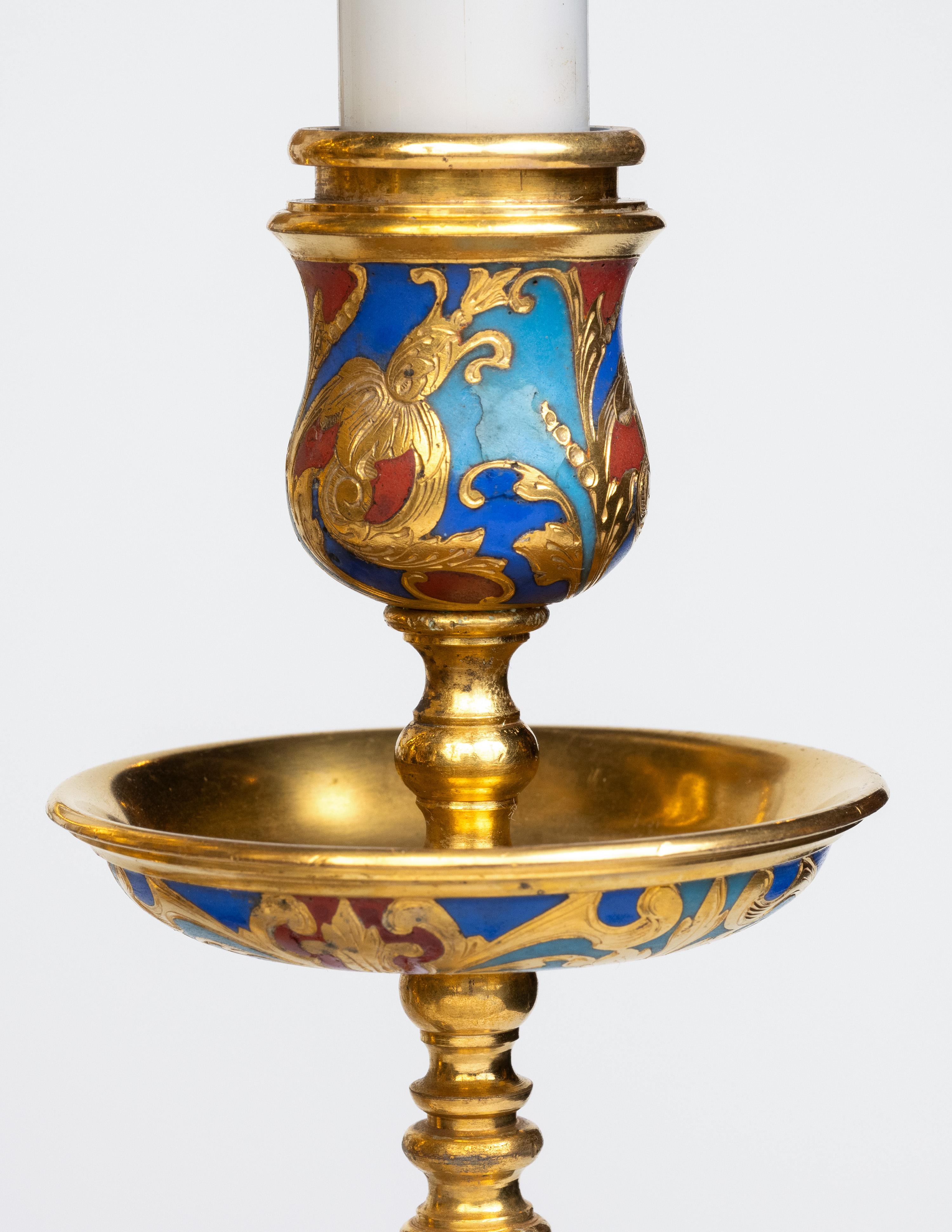 An Exceptional Pair of Champleve Enamel Ormolu Candelabra by Sevin & Barbedienne For Sale 2
