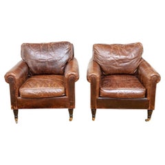 Vintage Exceptional Pair Of Deep Brown Leather Club Chairs