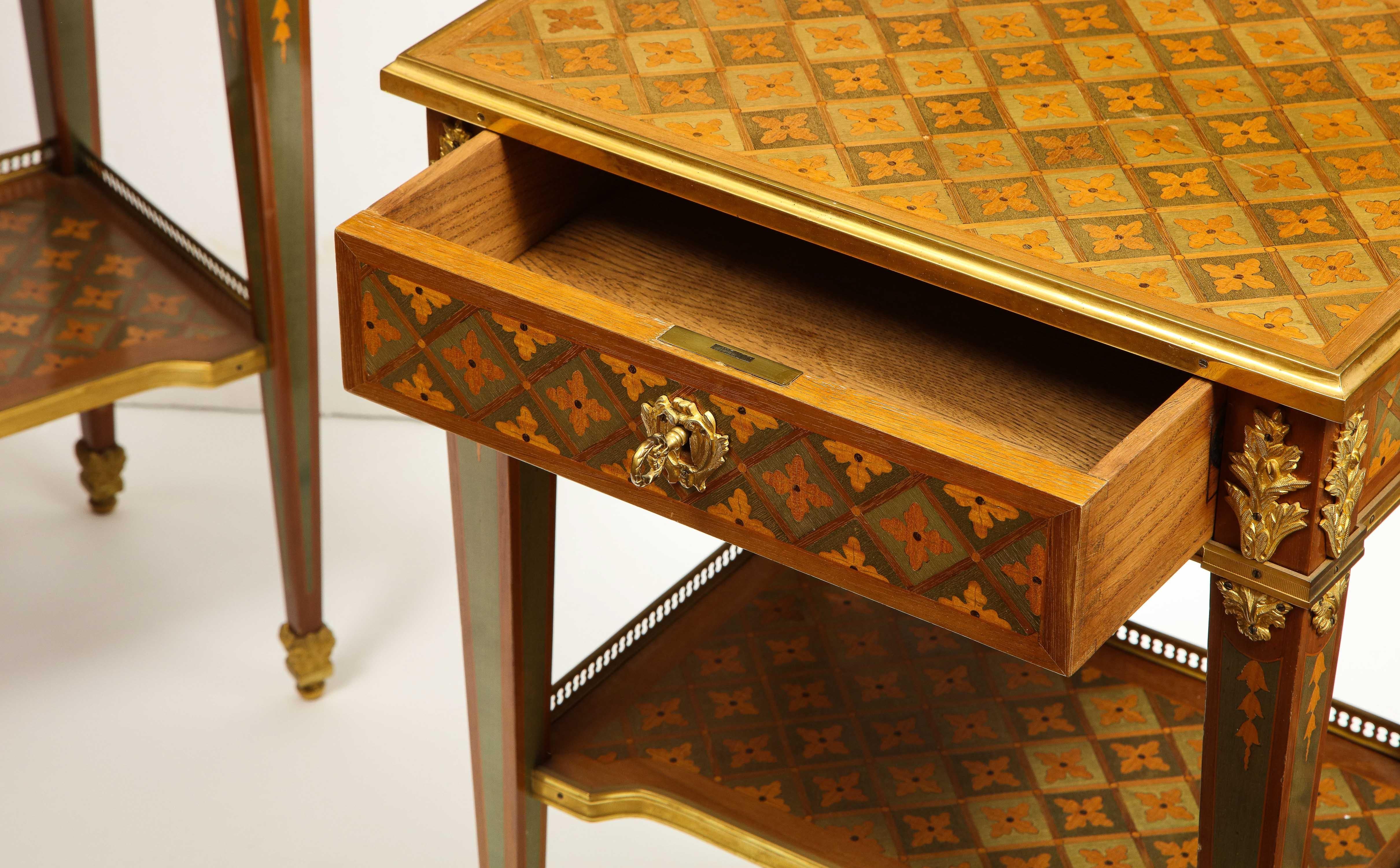 Exceptional Pair of French Ormolu-Mounted Parquetry and Marquetry Side Tables For Sale 4