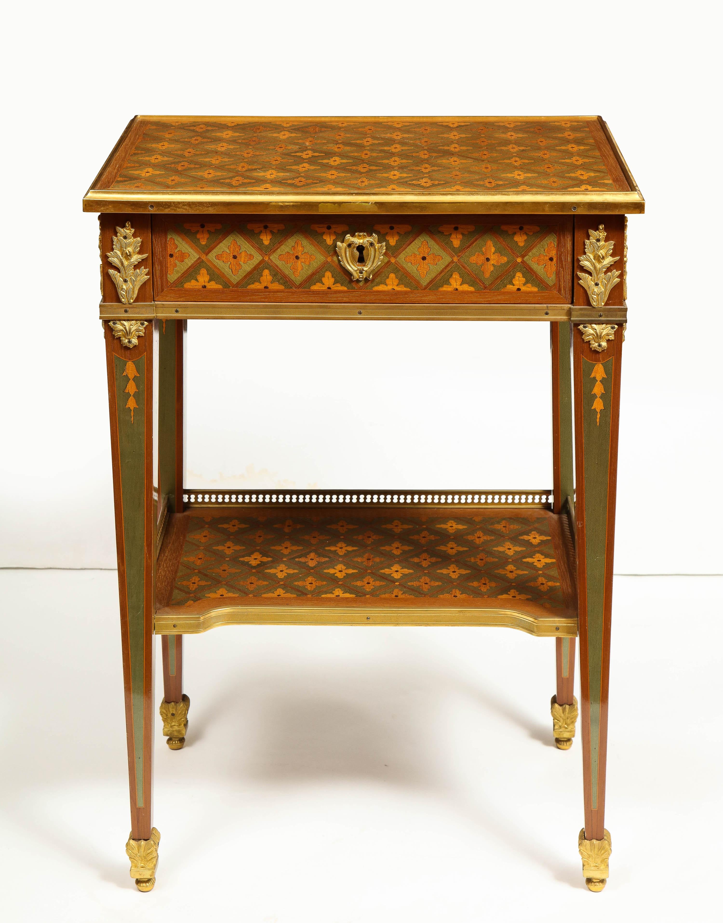Exceptional Pair of French Ormolu-Mounted Parquetry and Marquetry Side Tables For Sale 9