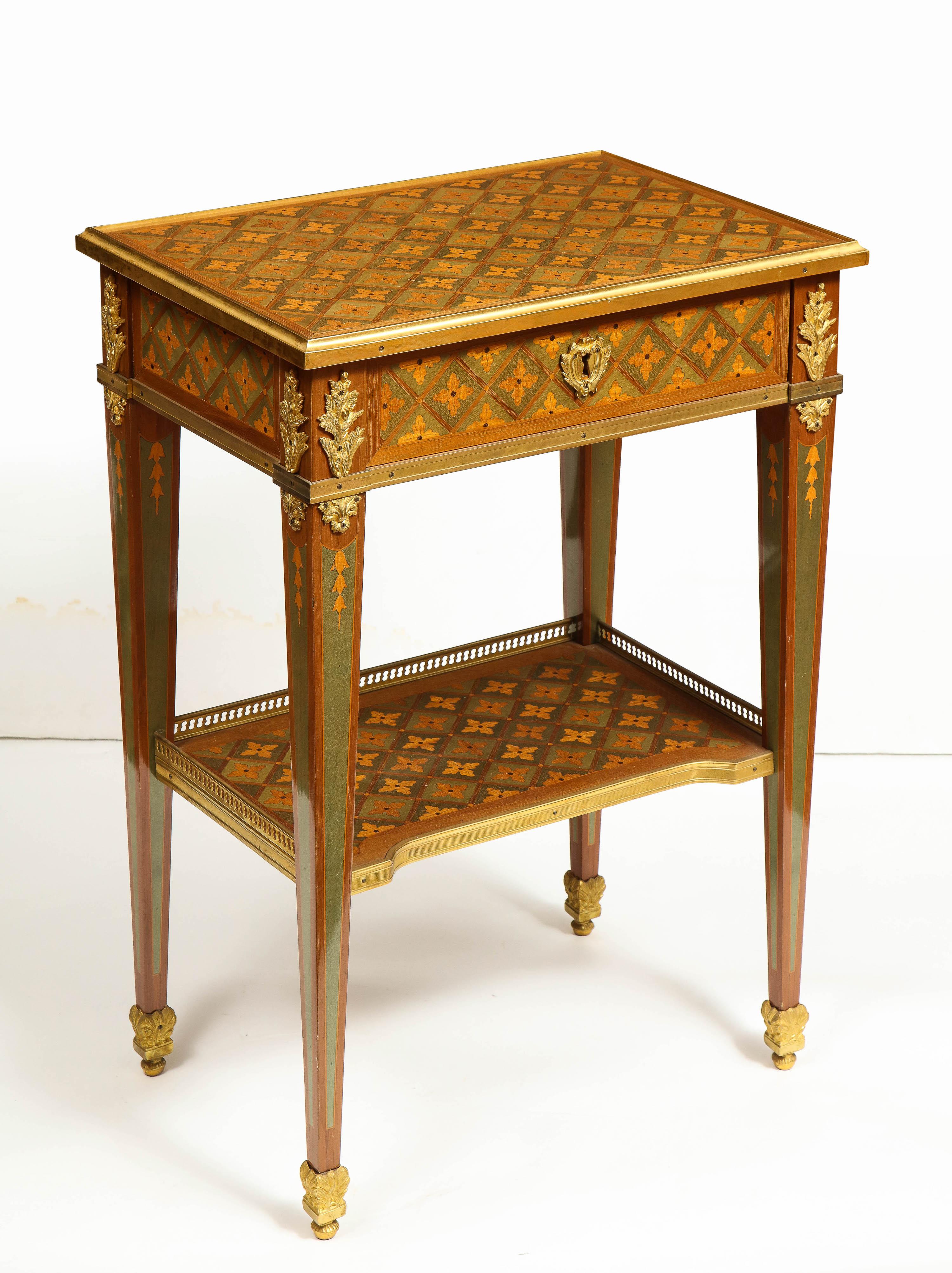 Exceptional Pair of French Ormolu-Mounted Parquetry and Marquetry Side Tables For Sale 10
