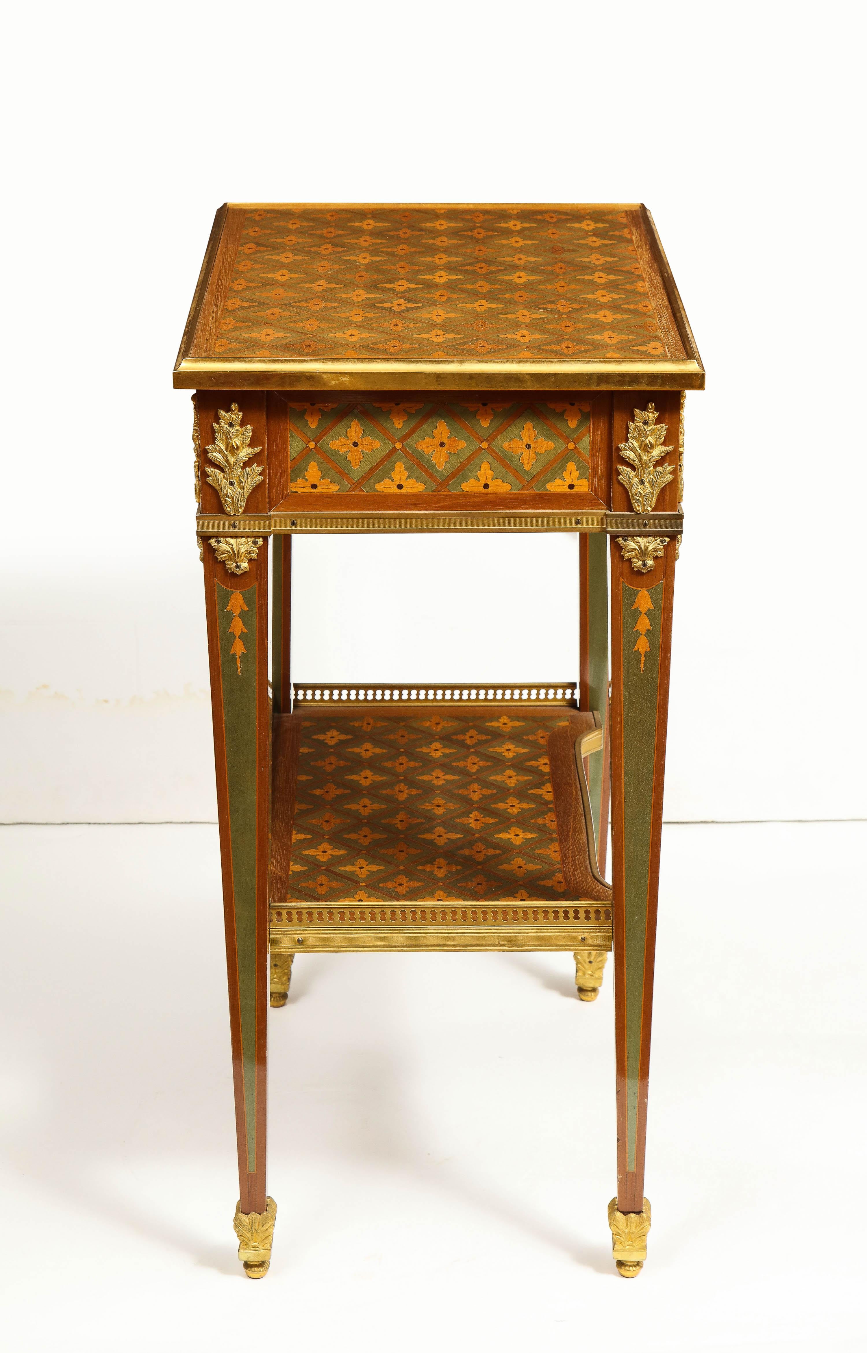 Exceptional Pair of French Ormolu-Mounted Parquetry and Marquetry Side Tables For Sale 11