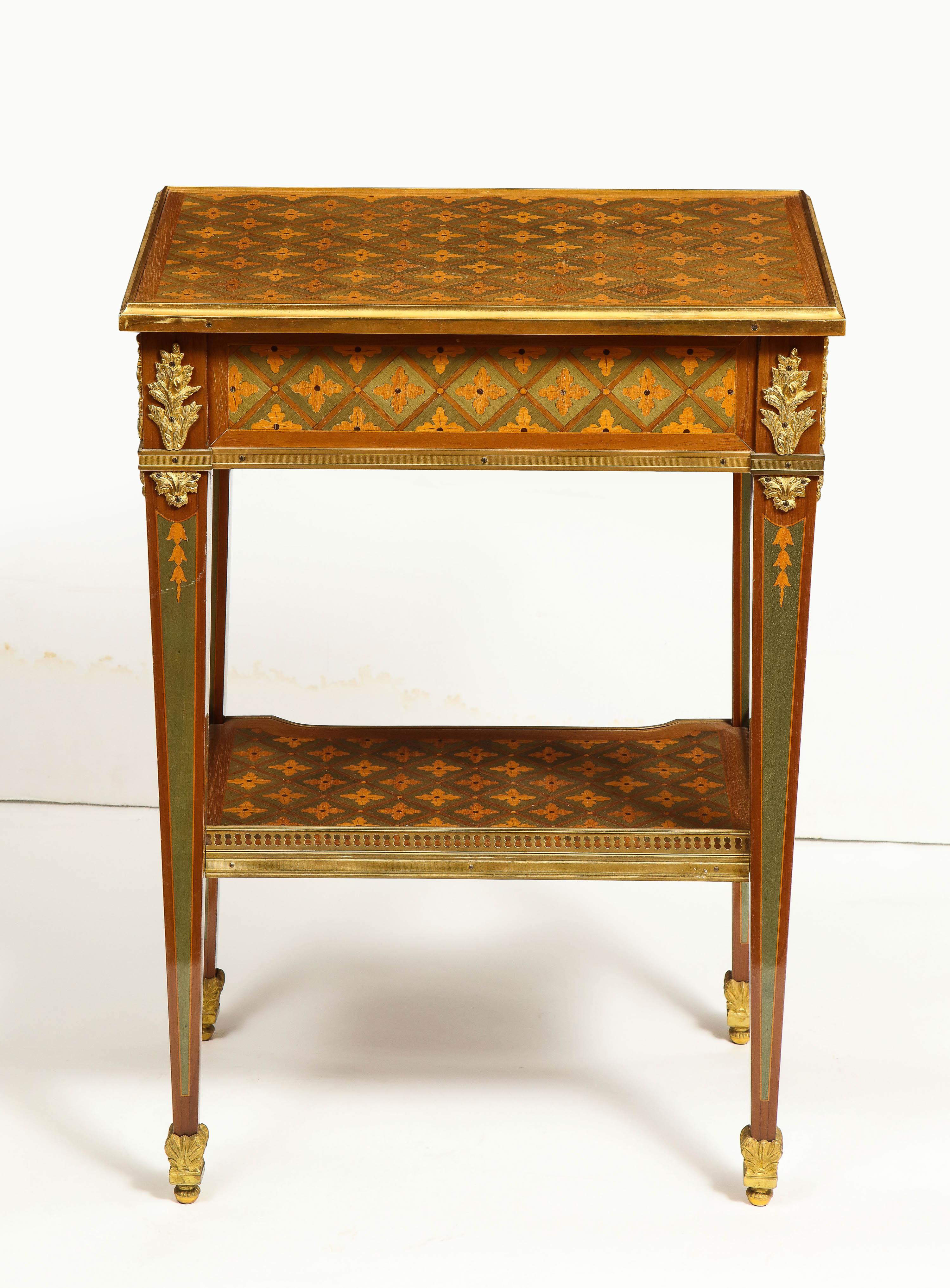 Exceptional Pair of French Ormolu-Mounted Parquetry and Marquetry Side Tables For Sale 13