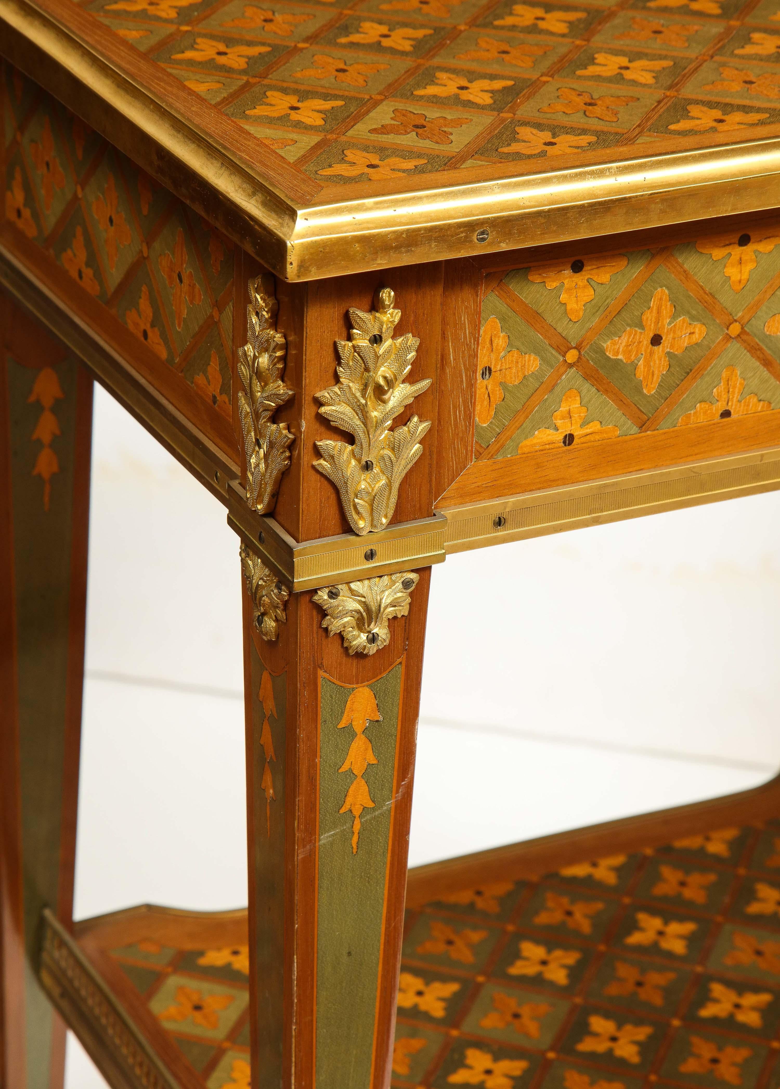 Exceptional Pair of French Ormolu-Mounted Parquetry and Marquetry Side Tables For Sale 14