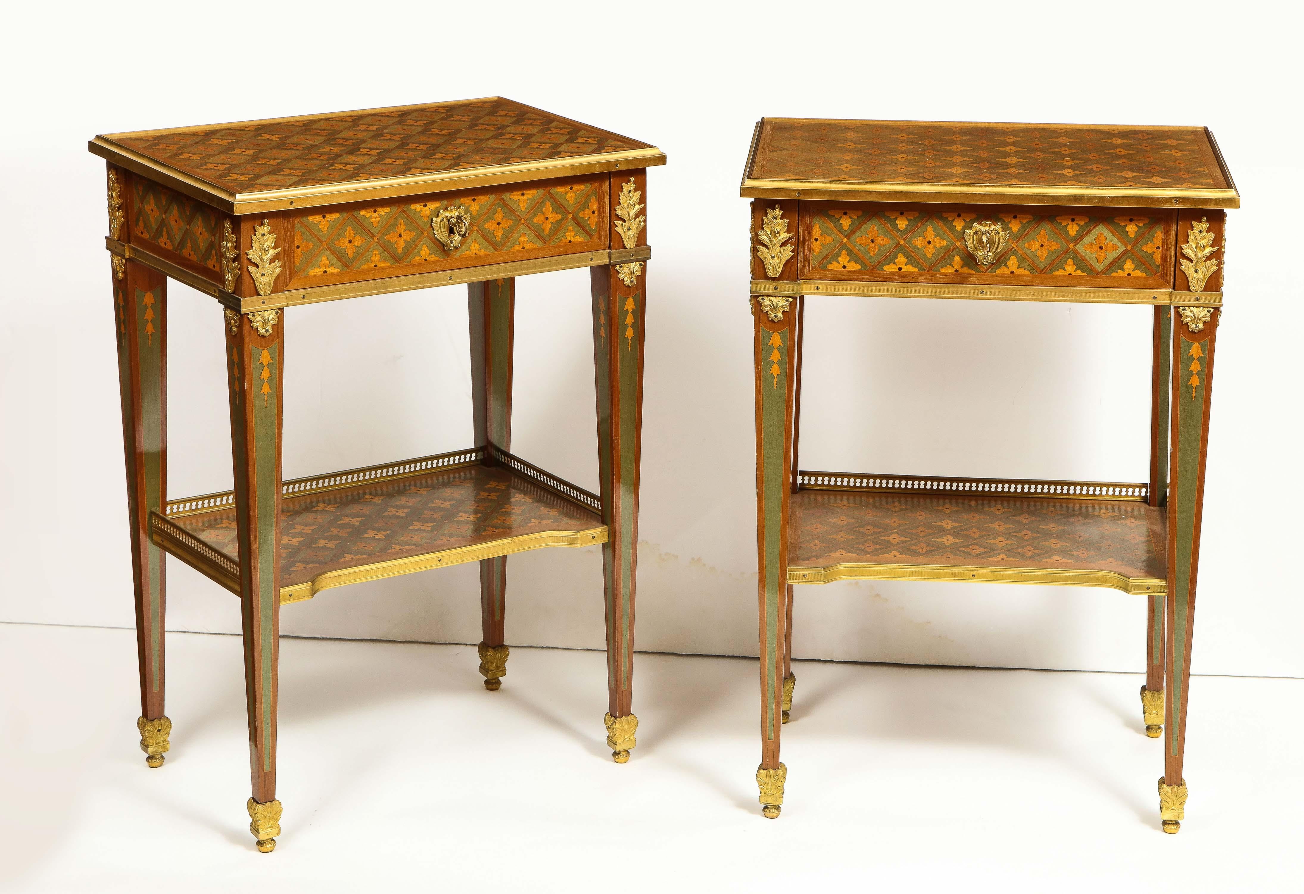 Louis XVI Exceptional Pair of French Ormolu-Mounted Parquetry and Marquetry Side Tables For Sale