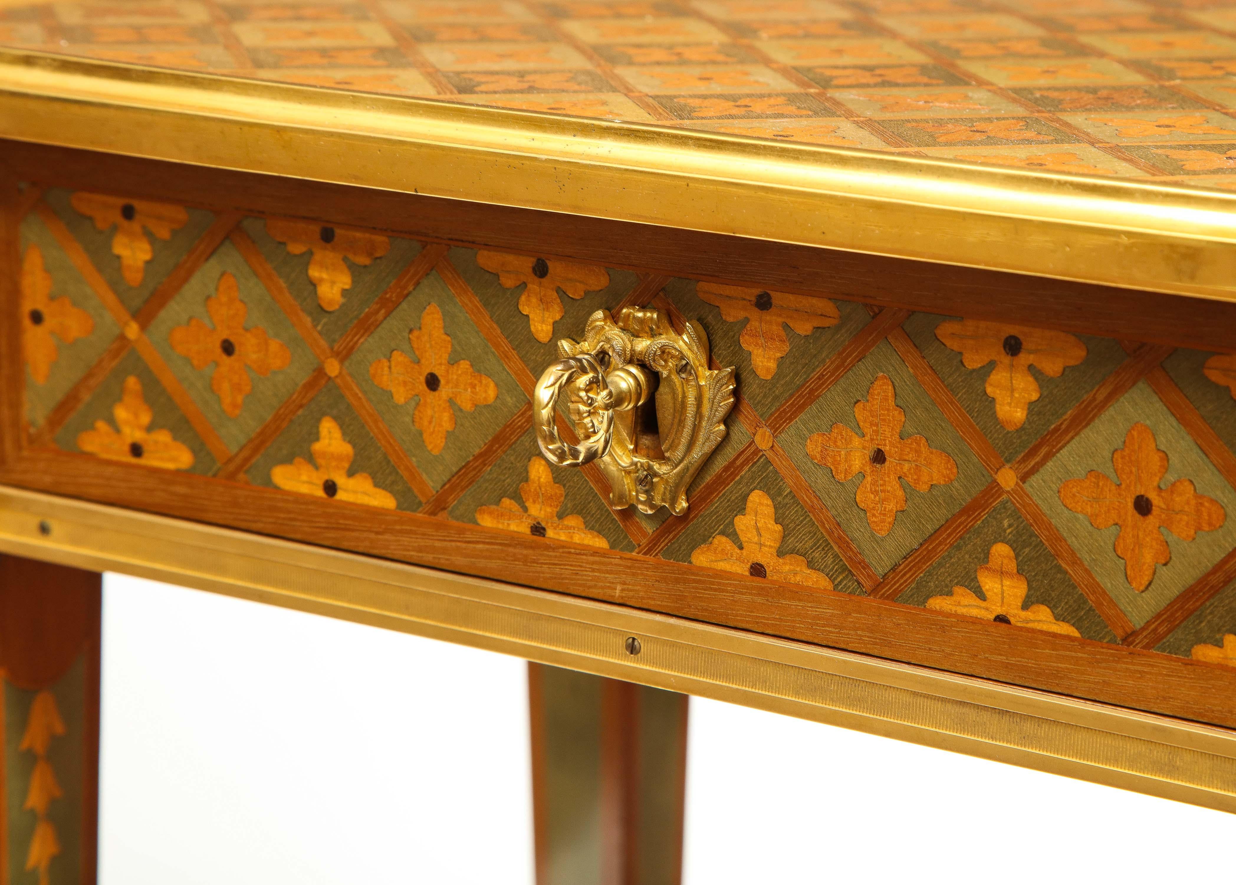 Exceptional Pair of French Ormolu-Mounted Parquetry and Marquetry Side Tables For Sale 1