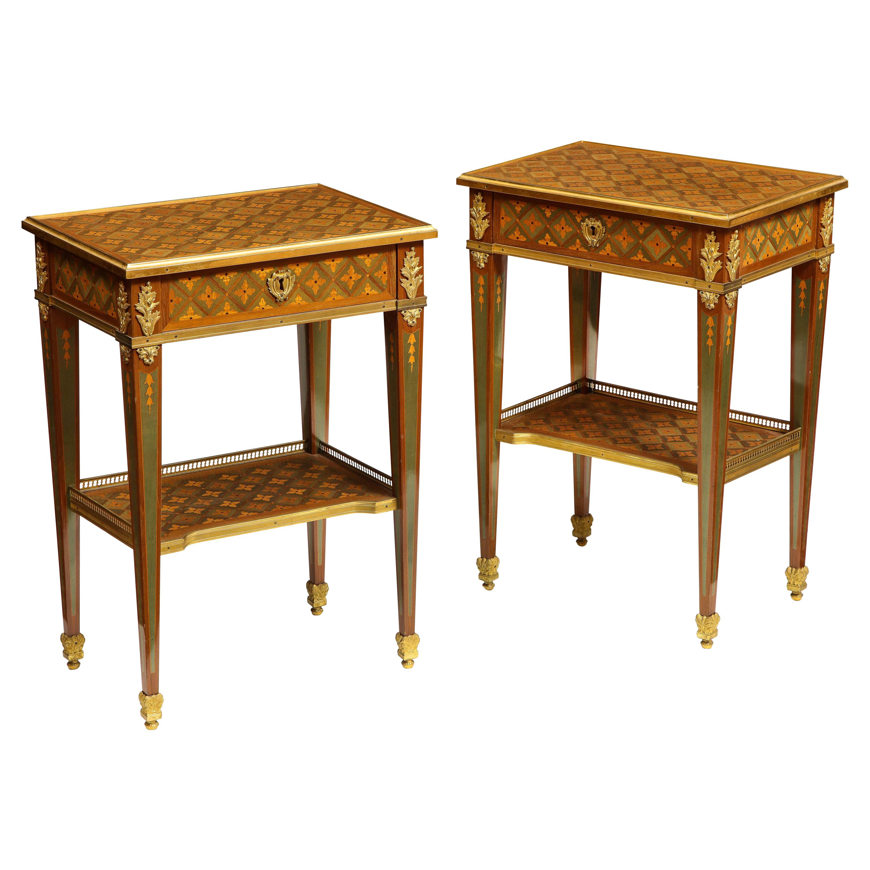 Exceptional Pair of French Ormolu-Mounted Parquetry and Marquetry Side Tables
