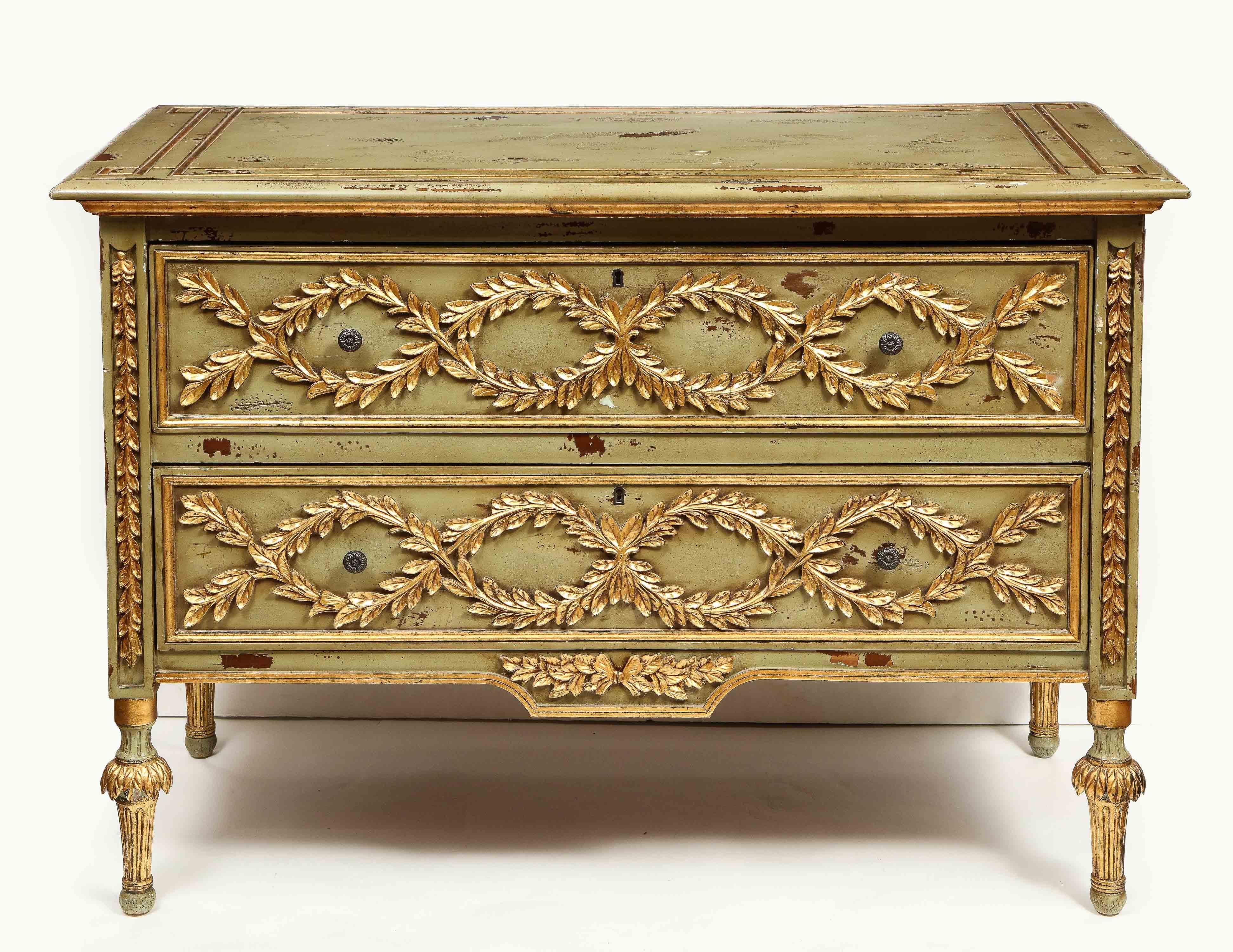 Exceptional Pair of French Provincial Green Painted and Parcel-Gilt Commodes In Good Condition In New York, NY
