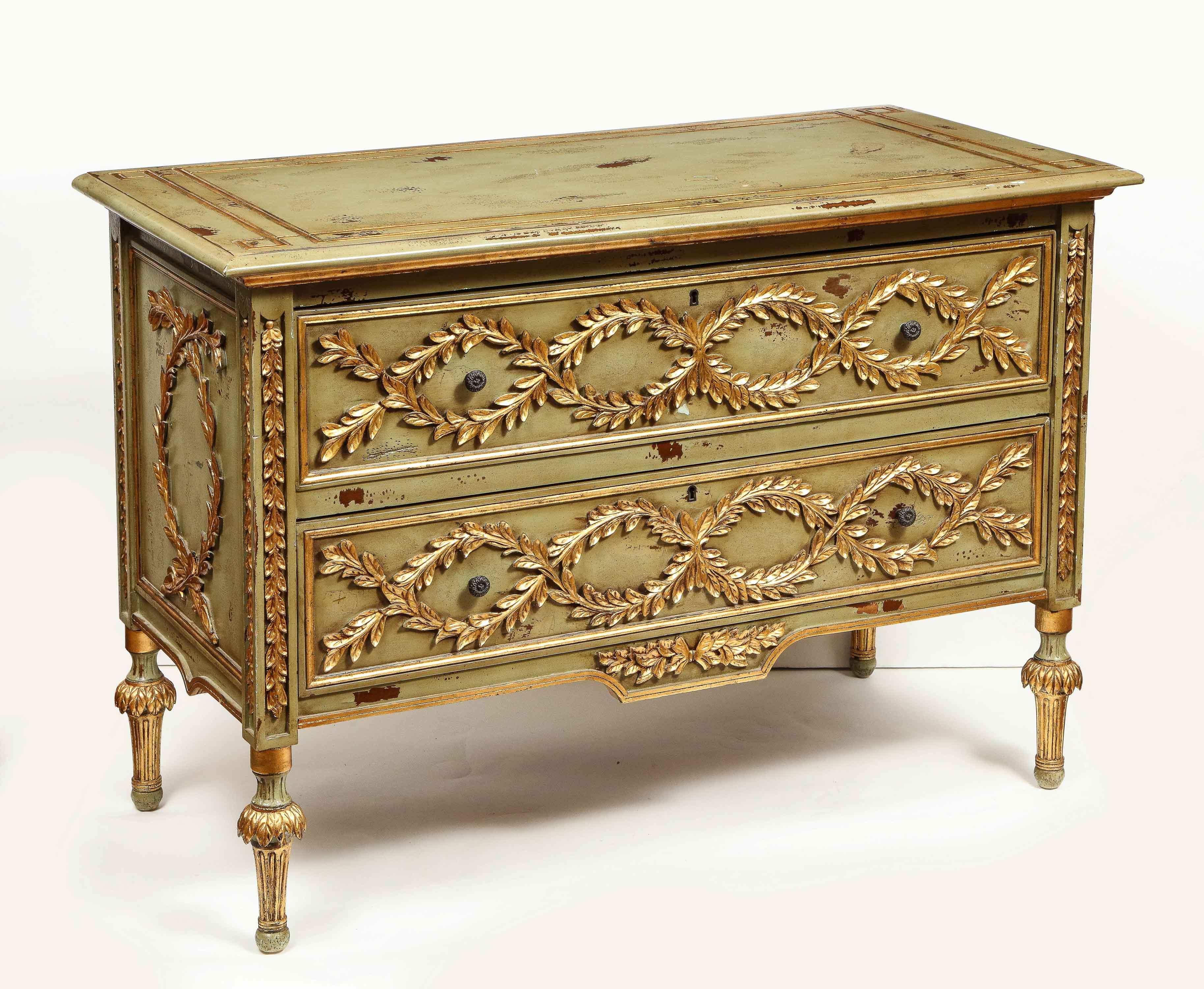 19th Century Exceptional Pair of French Provincial Green Painted and Parcel-Gilt Commodes