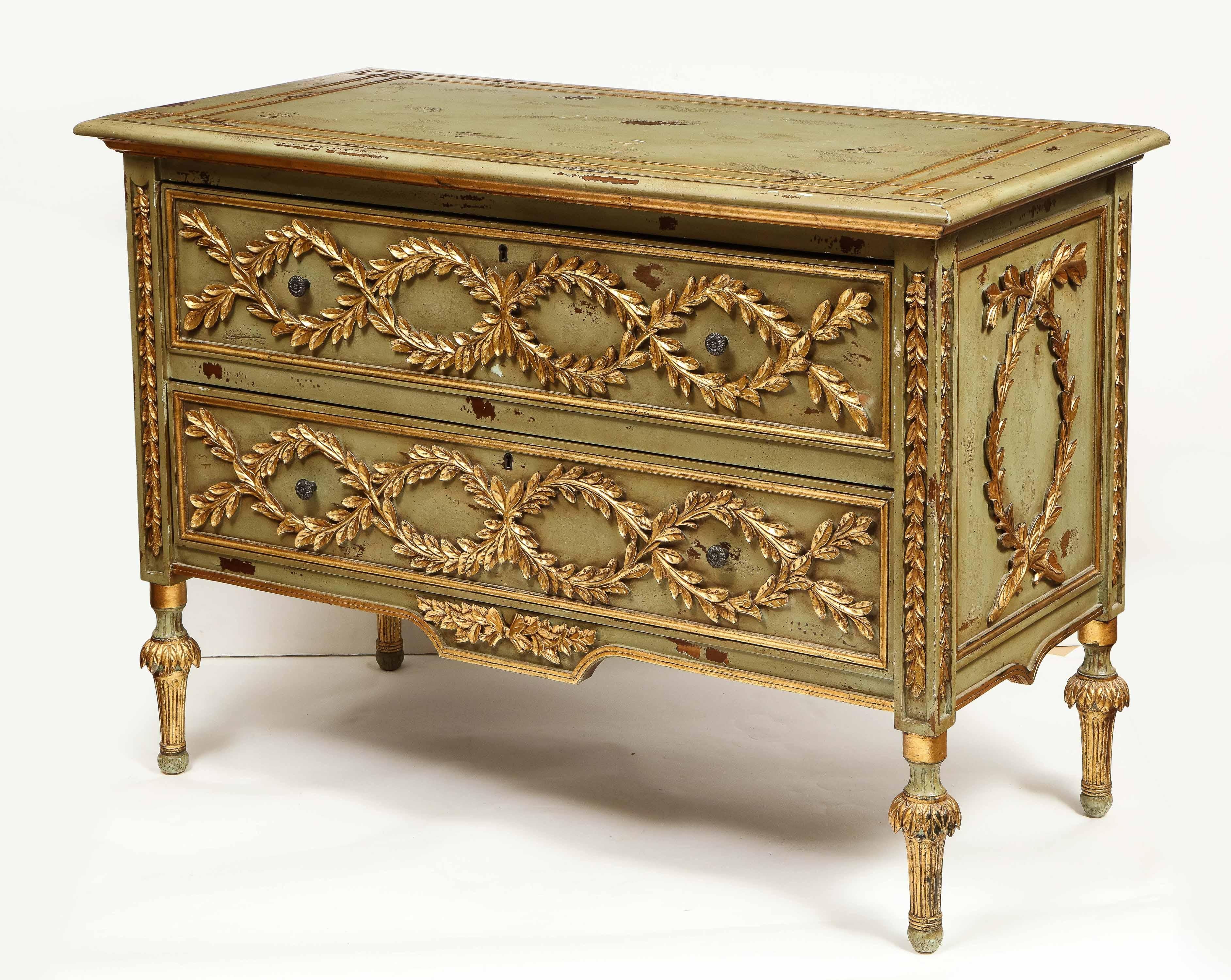 Giltwood Exceptional Pair of French Provincial Green Painted and Parcel-Gilt Commodes
