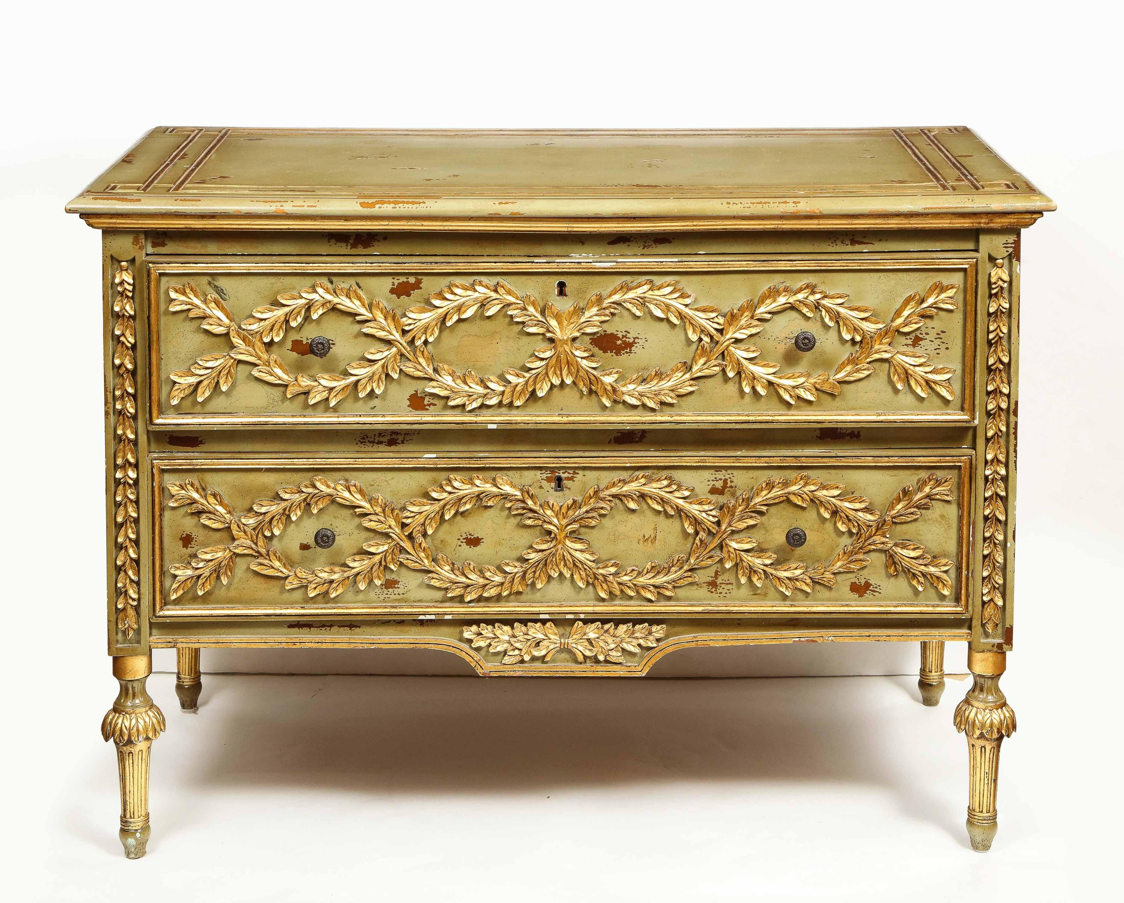 Exceptional Pair of French Provincial Green Painted and Parcel-Gilt Commodes 1