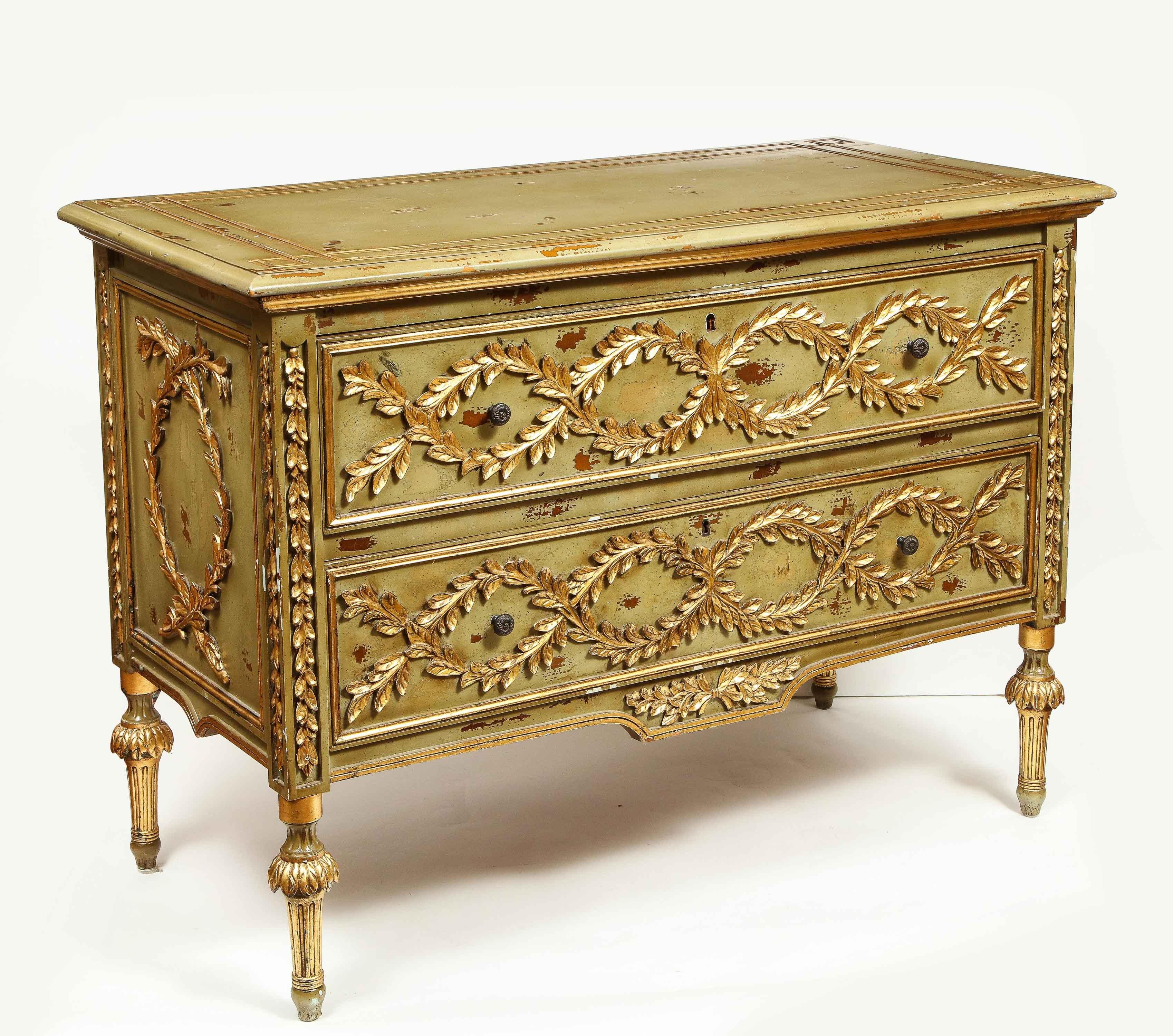Exceptional Pair of French Provincial Green Painted and Parcel-Gilt Commodes 2