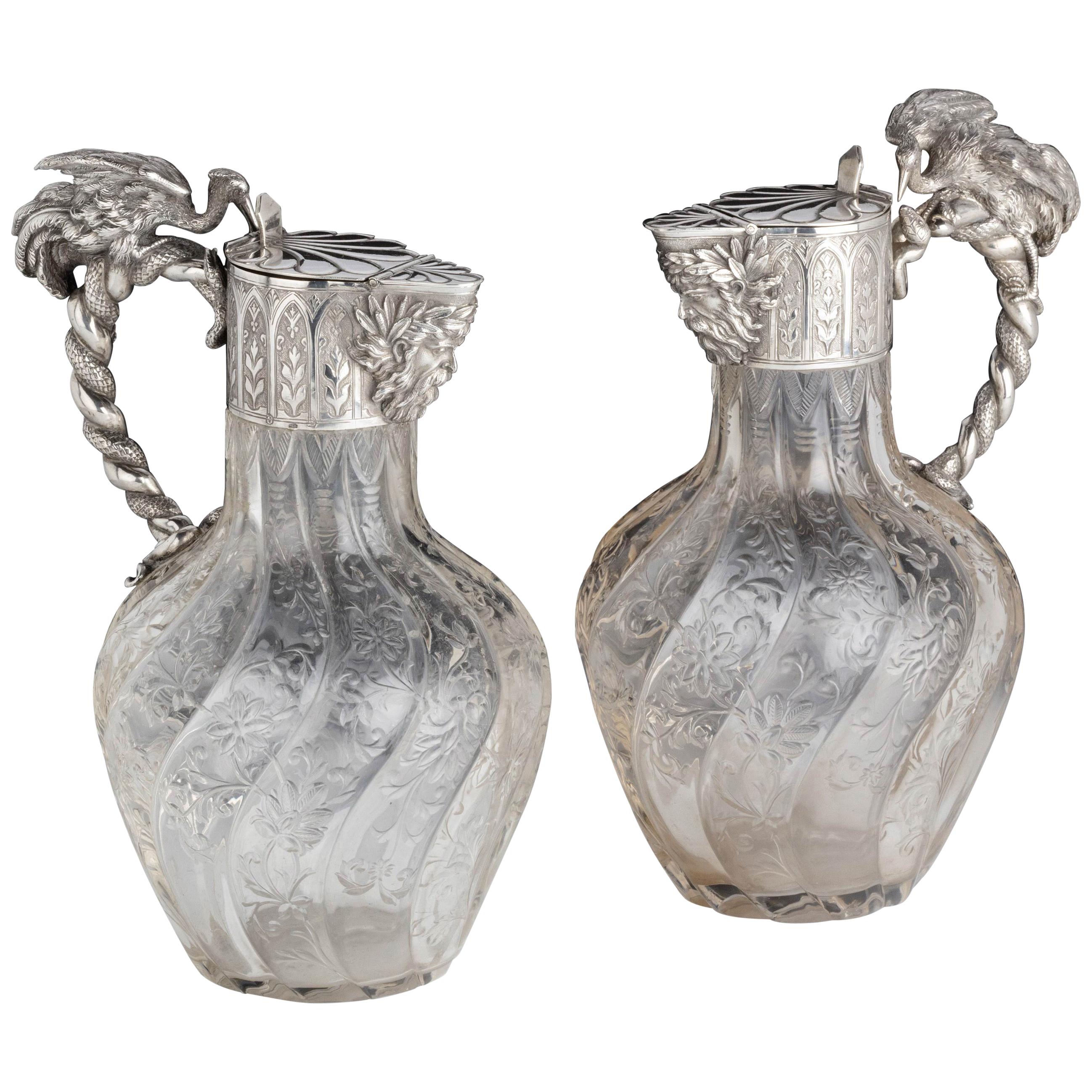 Exceptional Pair of French Silver Claret Jugs