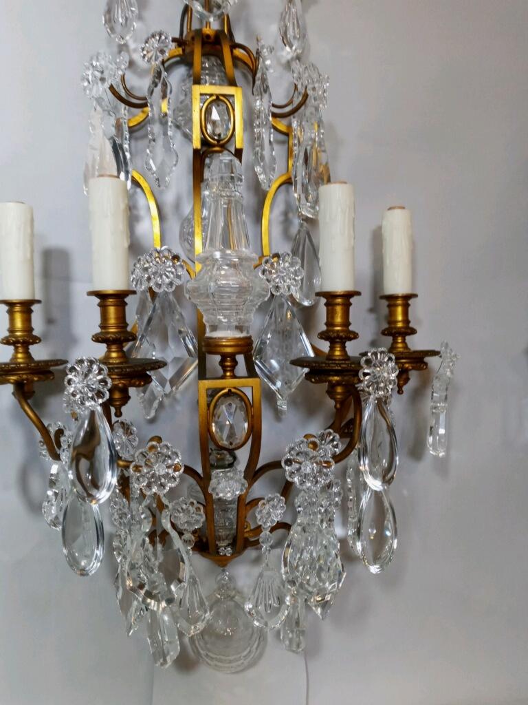 Exceptional Pair of Gilt Bronze & Crystal Wall Sconces by Baccarat In Good Condition For Sale In Atlanta, GA
