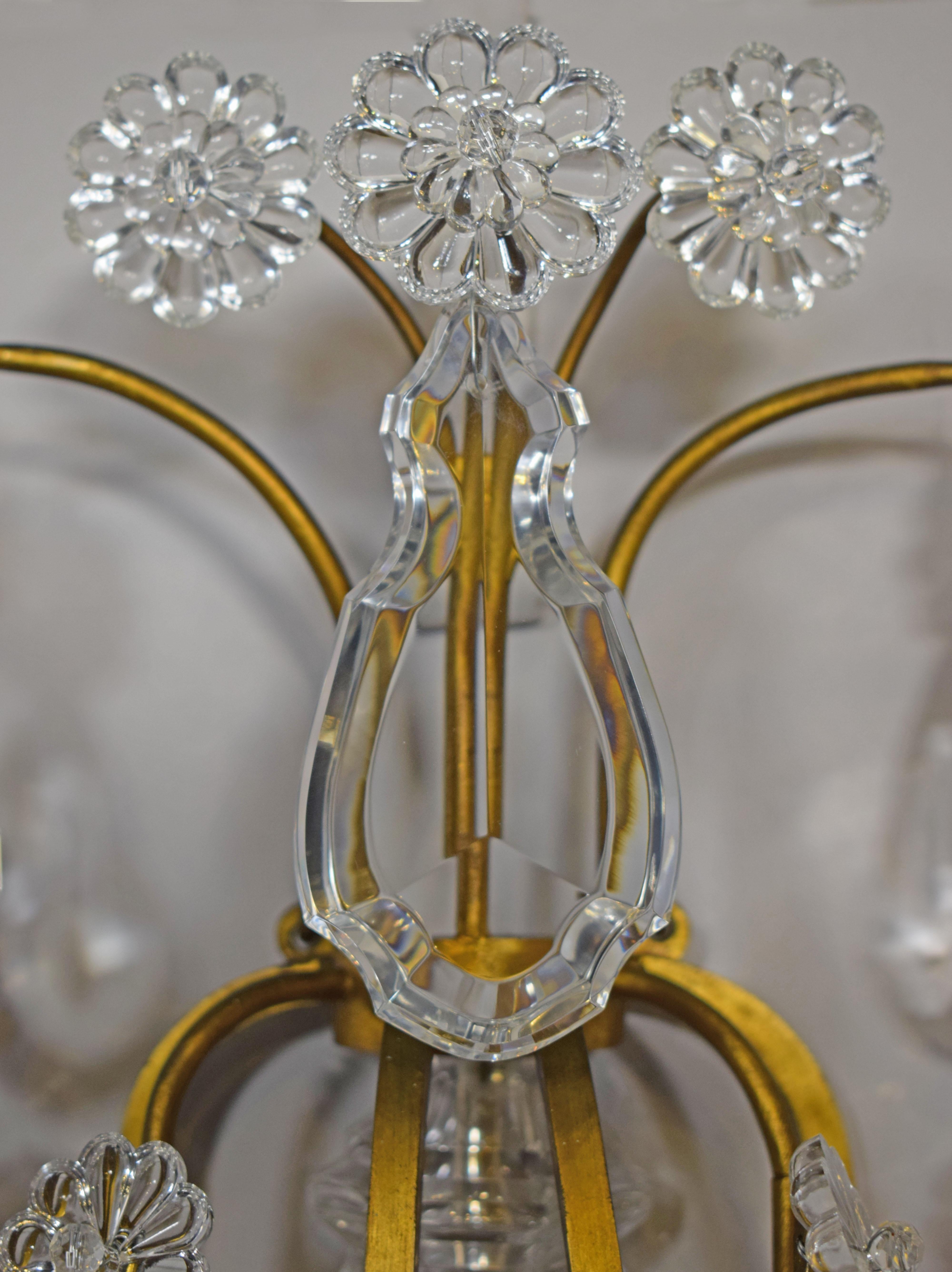 Exceptional Pair of Gilt Bronze & Crystal Wall Sconces by Baccarat For Sale 2