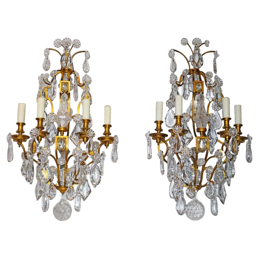 Exceptional Pair of Gilt Bronze & Crystal Wall Sconces by Baccarat For Sale
