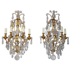 Exceptional Pair of Gilt Bronze & Crystal Wall Sconces by Baccarat