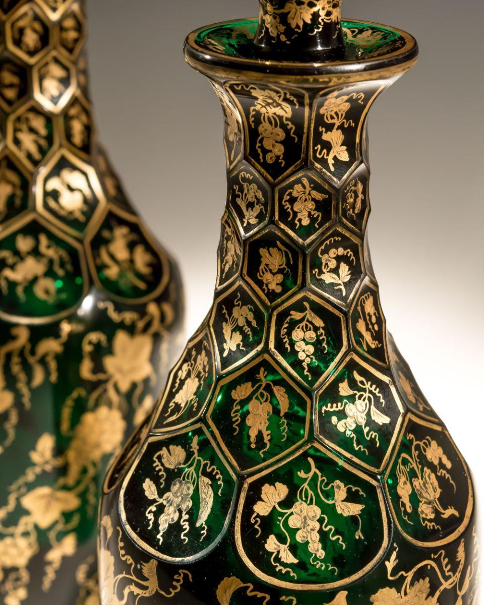 Mid-19th Century Exceptional Pair of Green Decanters For Sale