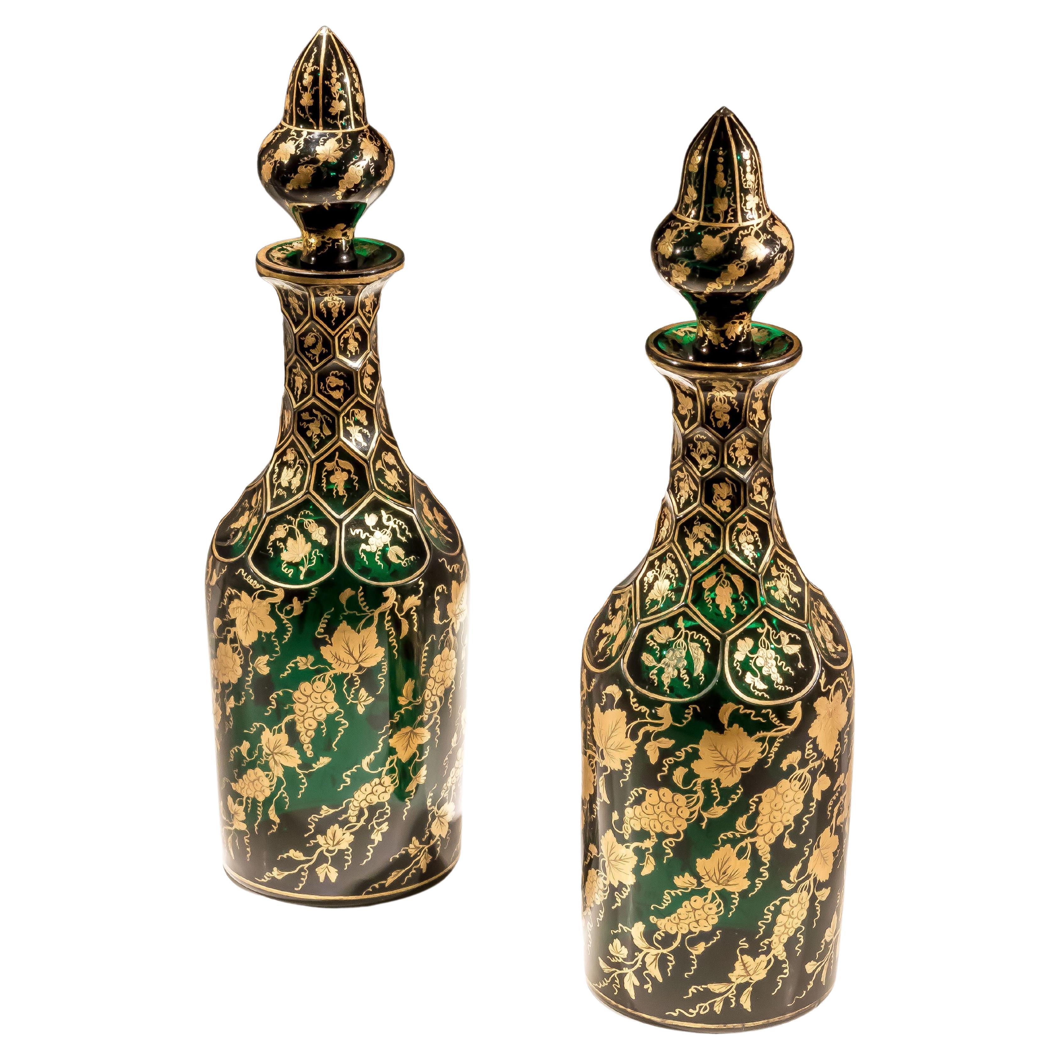 Exceptional Pair of Green Decanters For Sale