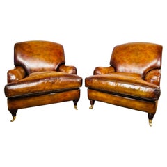 Exceptional Pair of Howard and Sons Style Leather Lounge Armchairs #609