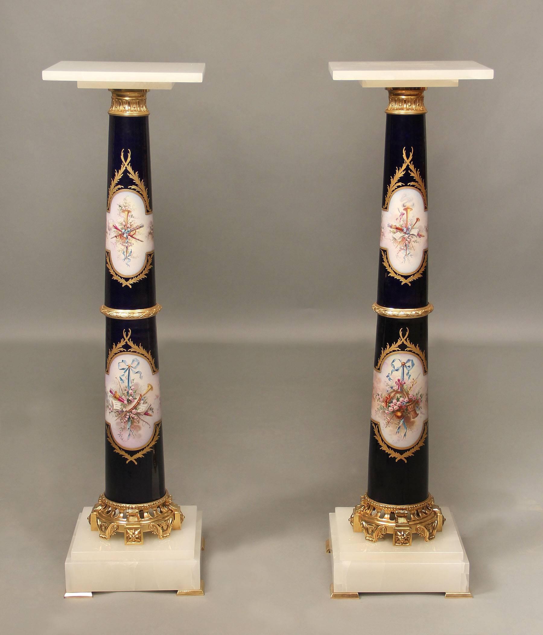 Exceptional Pair of Late 19th Century Gilt Bronze Mounted Sèvres Pedestals For Sale 1