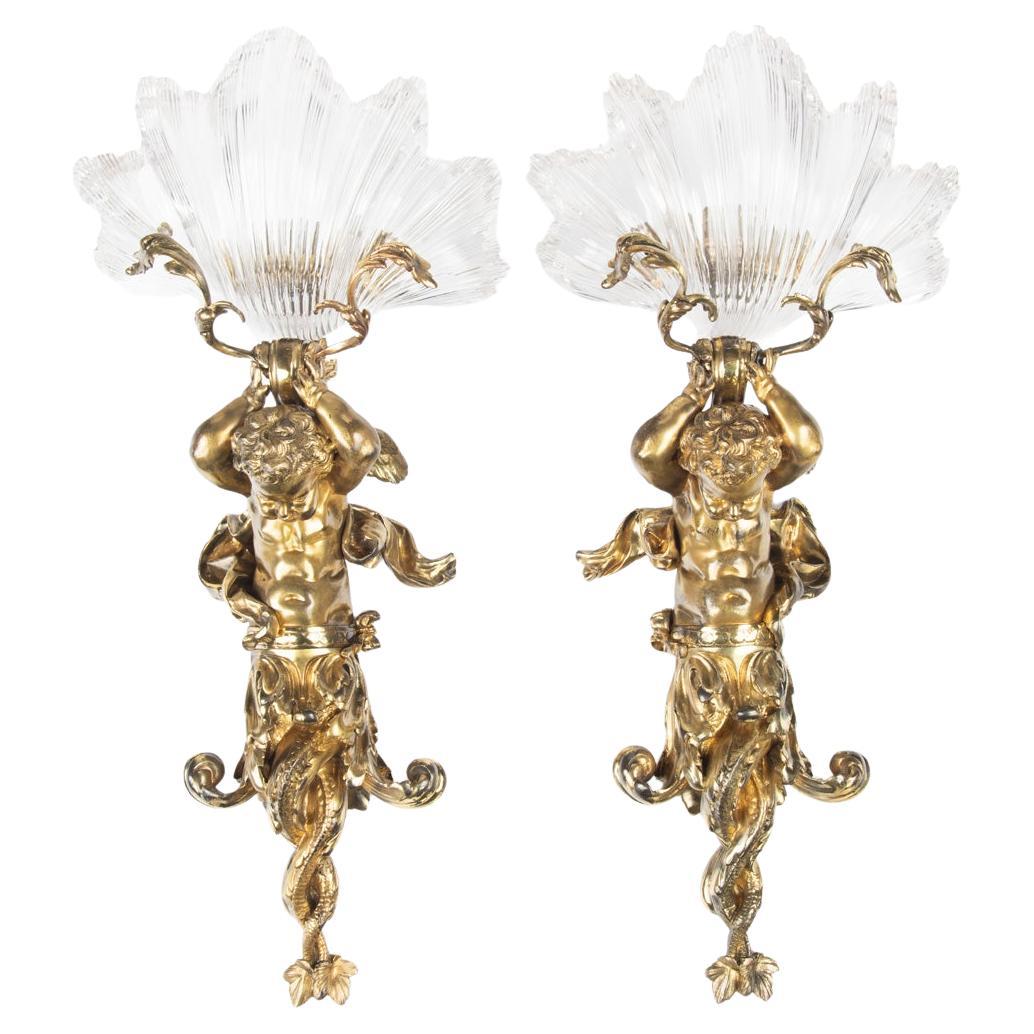 Excepcional Pareja de Apliques Tritón de Ormolu y Cristal de Lerolle de París