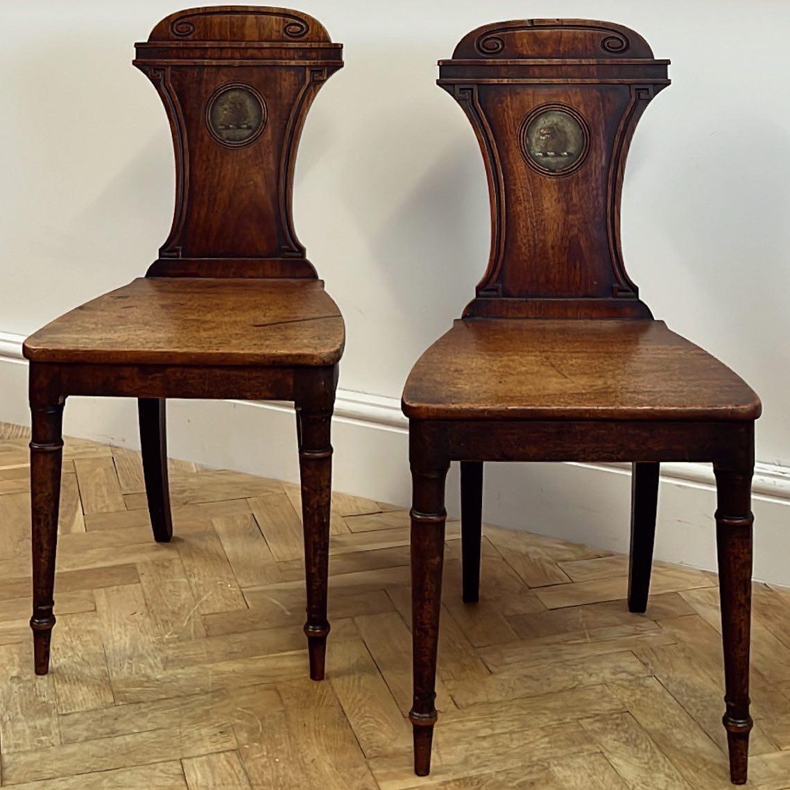 19th Century Exceptional Pair of Regency Mahogany Hall Chairs For Sale