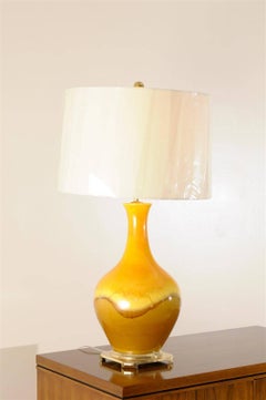 Exceptional Pair of Yellow Ochre and Caramel Ceramic Lamps, circa 1970