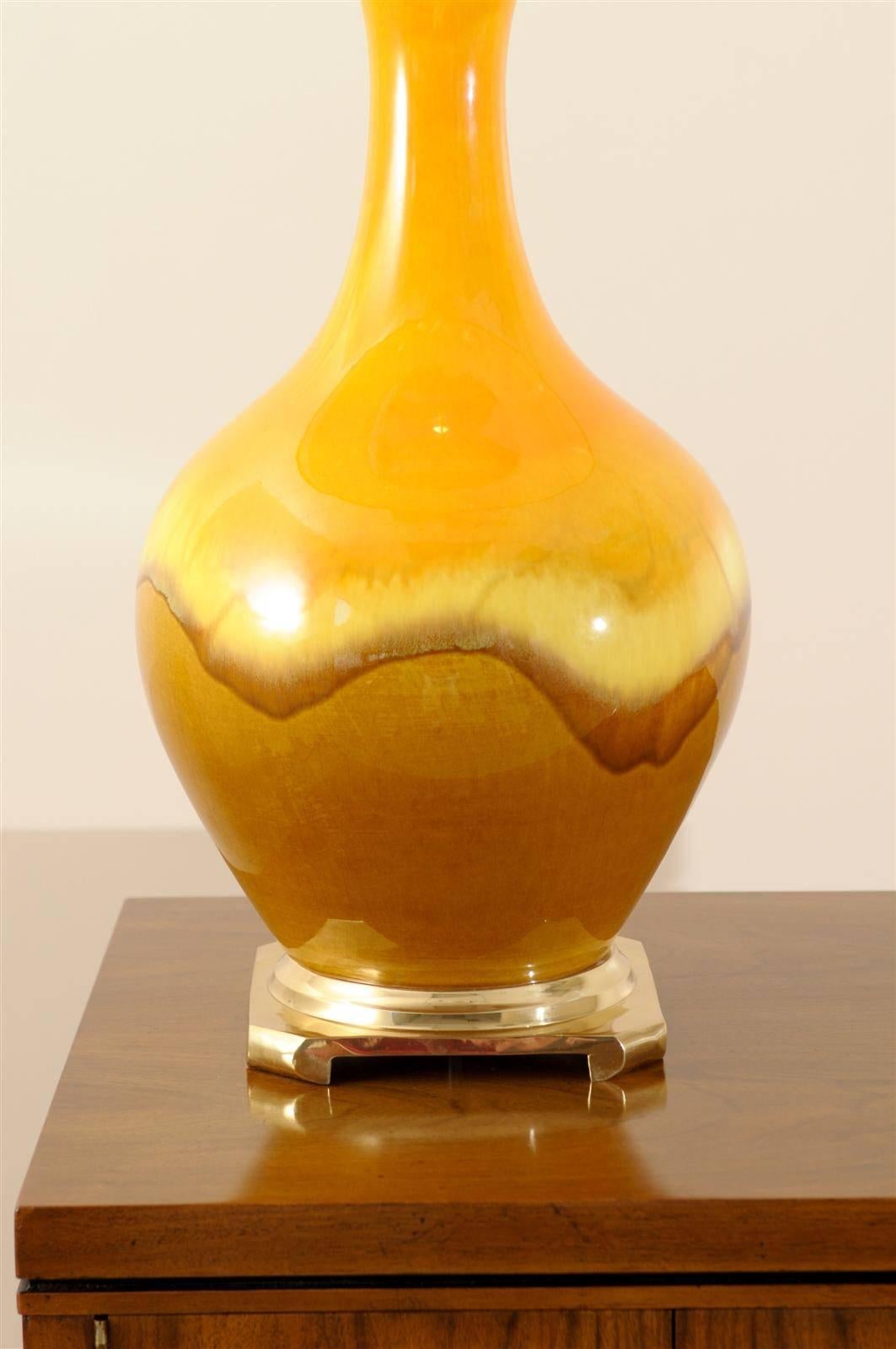 Exceptional Pair of Yellow Ochre and Caramel Ceramic Lamps, circa 1970 For Sale 1