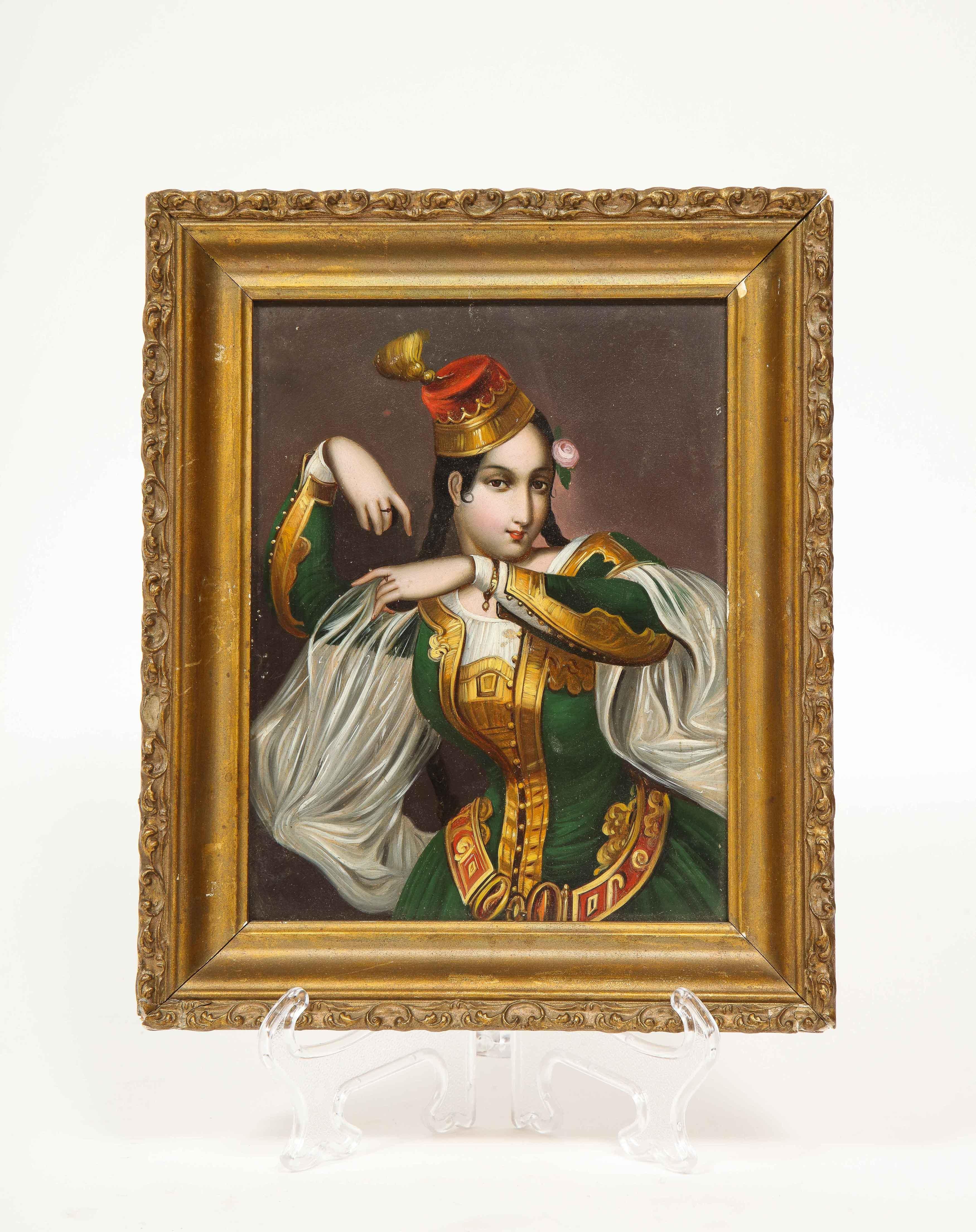 An exceptional quality miniature painting of an orientalist dancer, 19th century, circa 1860

Depicting an orientalist Turkish dancer in green attire with her hat in original giltwood frame.

Painted on panel. 

Panel size: 6.5