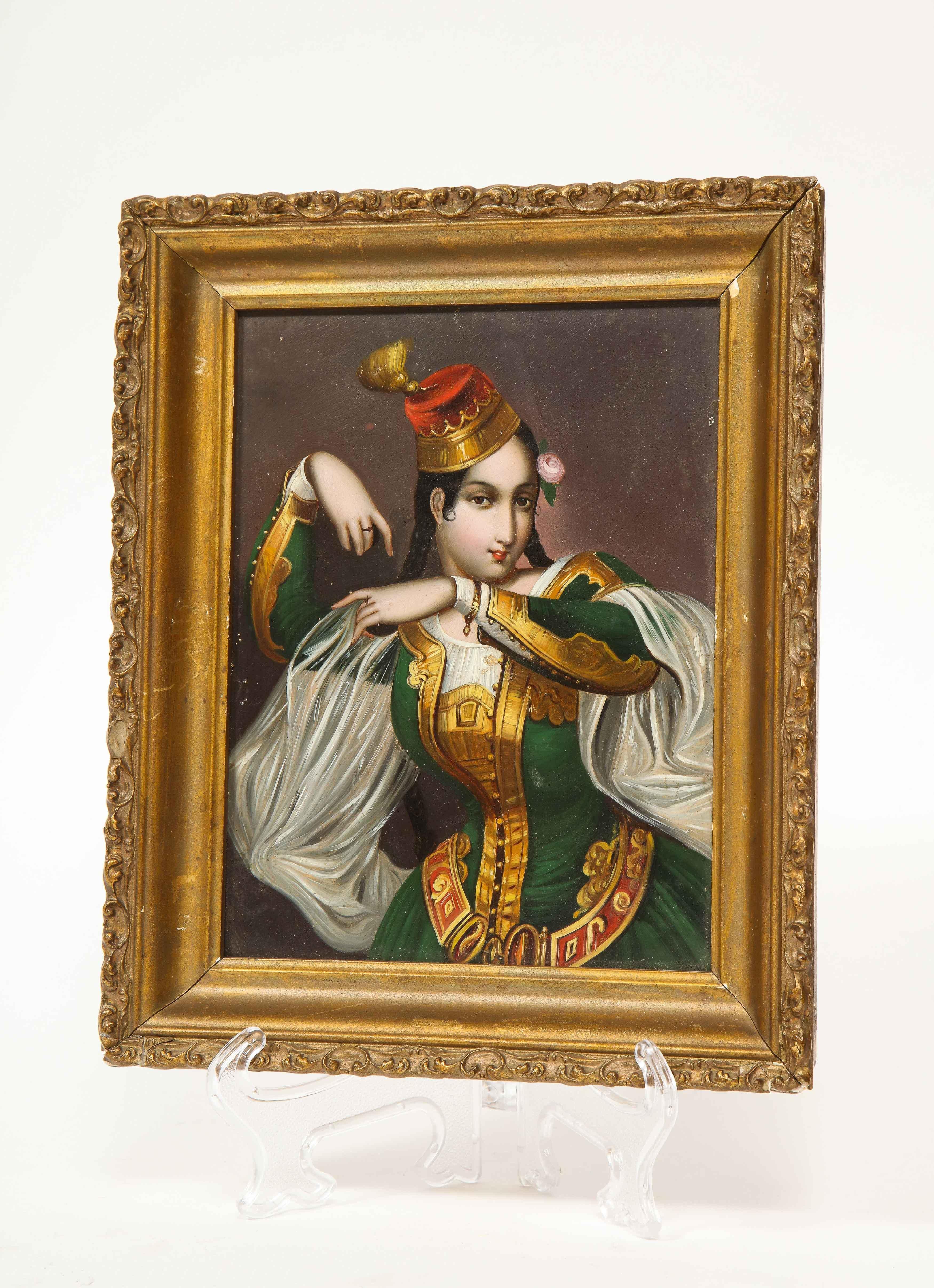 Giltwood Exceptional Quality Miniature Painting of an Orientalist Turkish Dancer, 1860