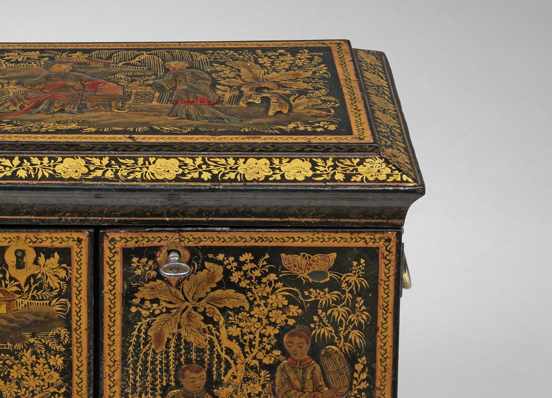 Chinoiserie Exceptional Regency Black Miniature Japanned Cabinet For Sale