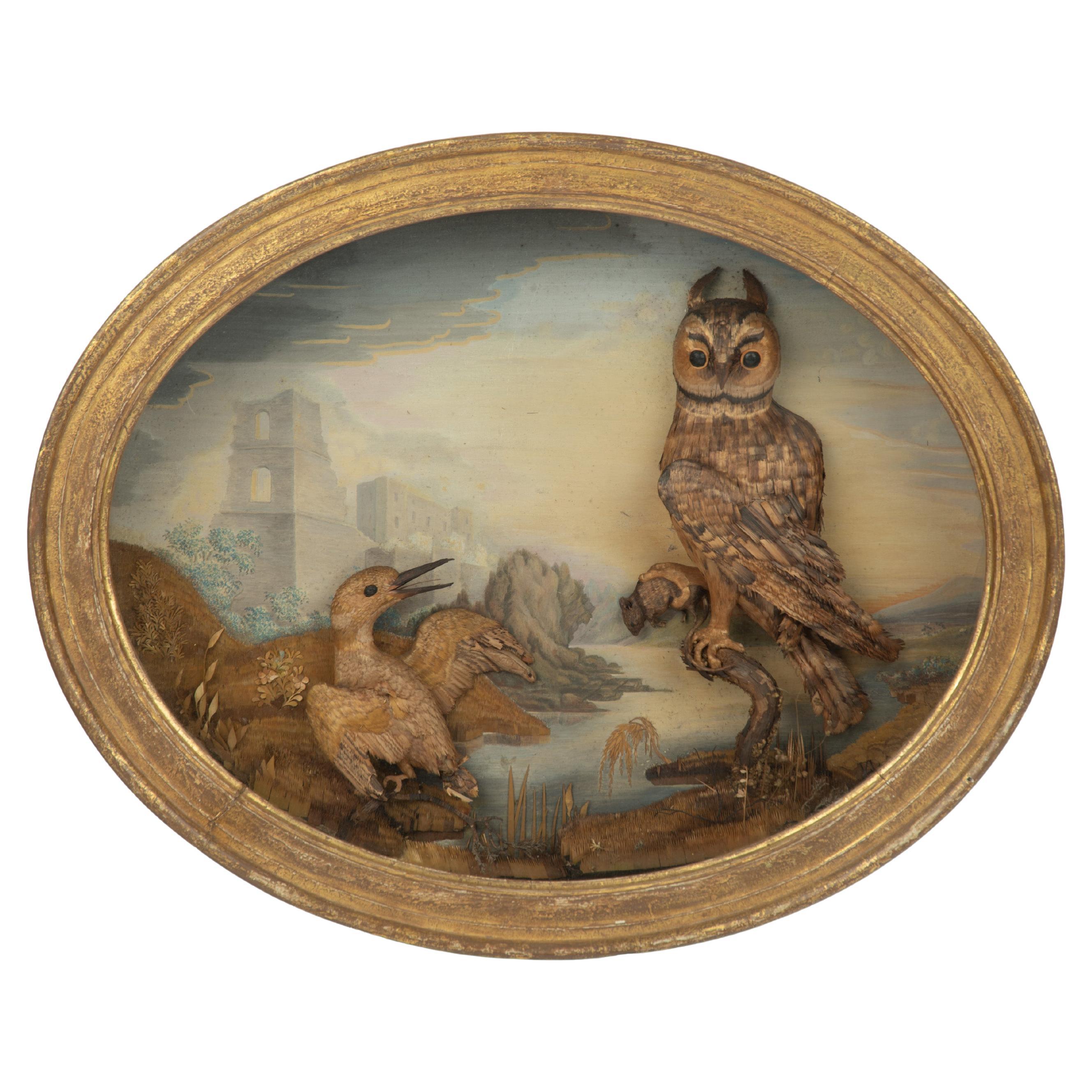 An exceptional straw work diorama of an owl and kingfisher - Leverian Museum
