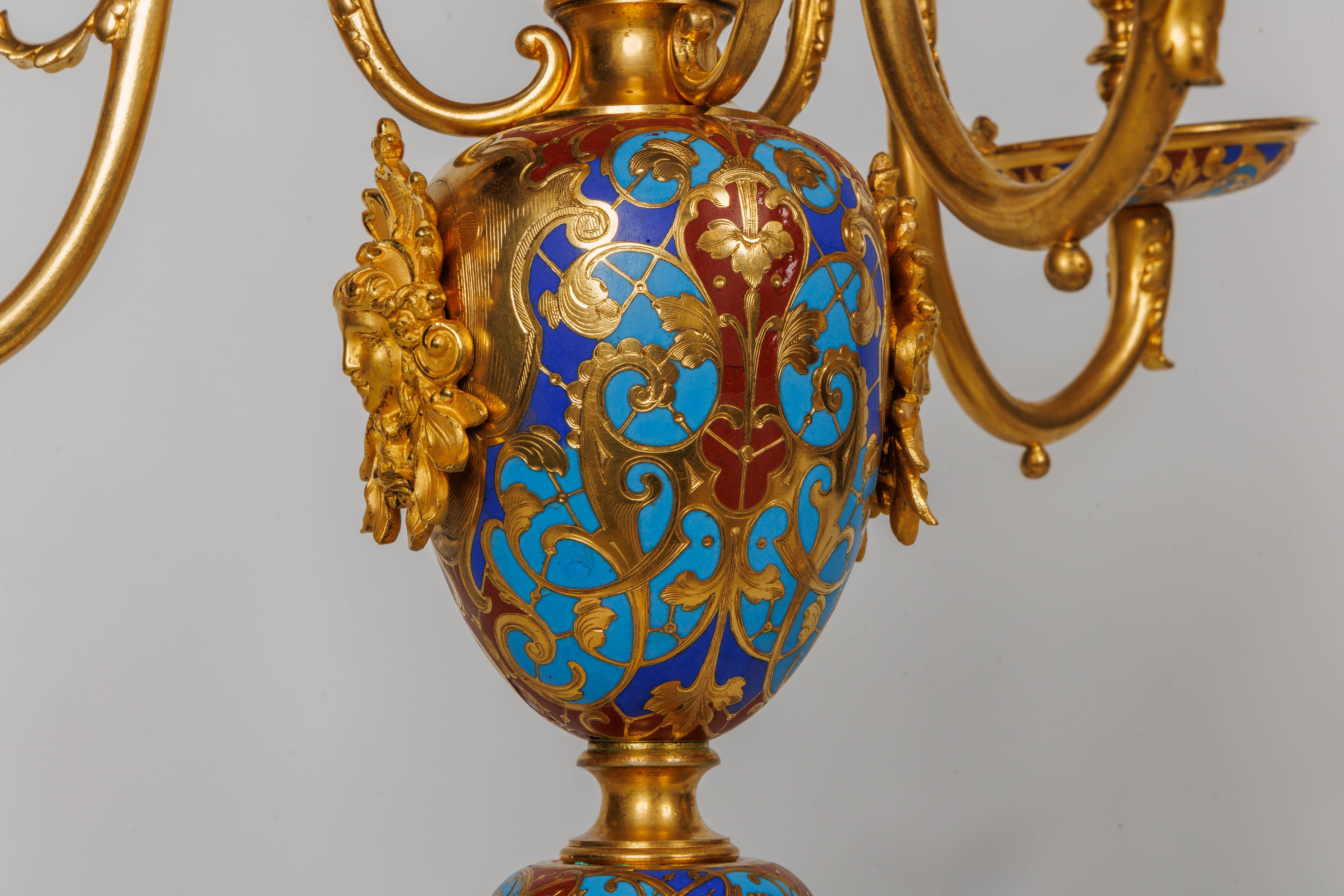 An Exceptional Suite of Champleve Enamel Ormolu Candelabra by Sevin, Barbedienne For Sale 4