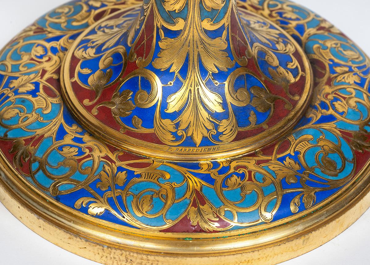 An Exceptional Suite of Champleve Enamel Ormolu Candelabra by Sevin, Barbedienne For Sale 8