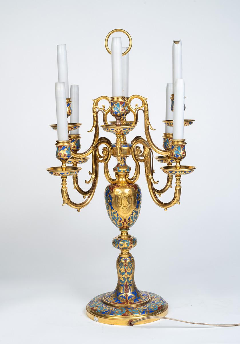 An Exceptional Suite of Champleve Enamel Ormolu Candelabra by Sevin, Barbedienne For Sale 9
