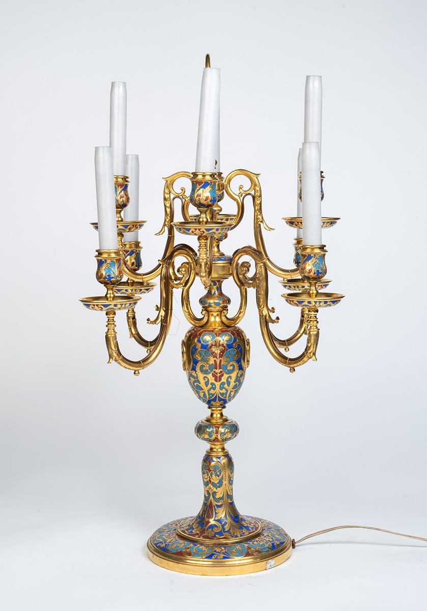 An Exceptional Suite of Champleve Enamel Ormolu Candelabra by Sevin, Barbedienne For Sale 10