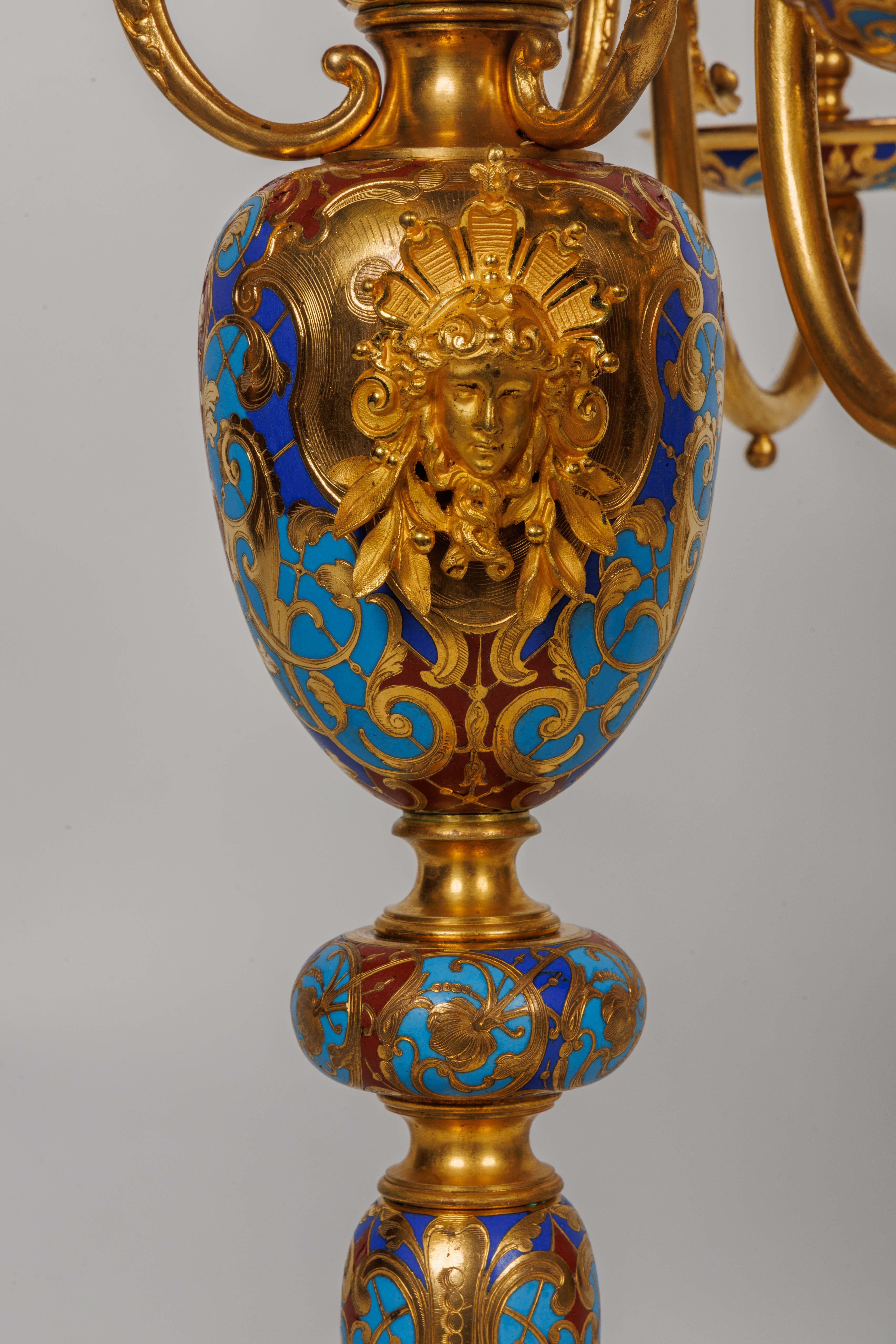 Napoleon III An Exceptional Suite of Champleve Enamel Ormolu Candelabra by Sevin, Barbedienne For Sale