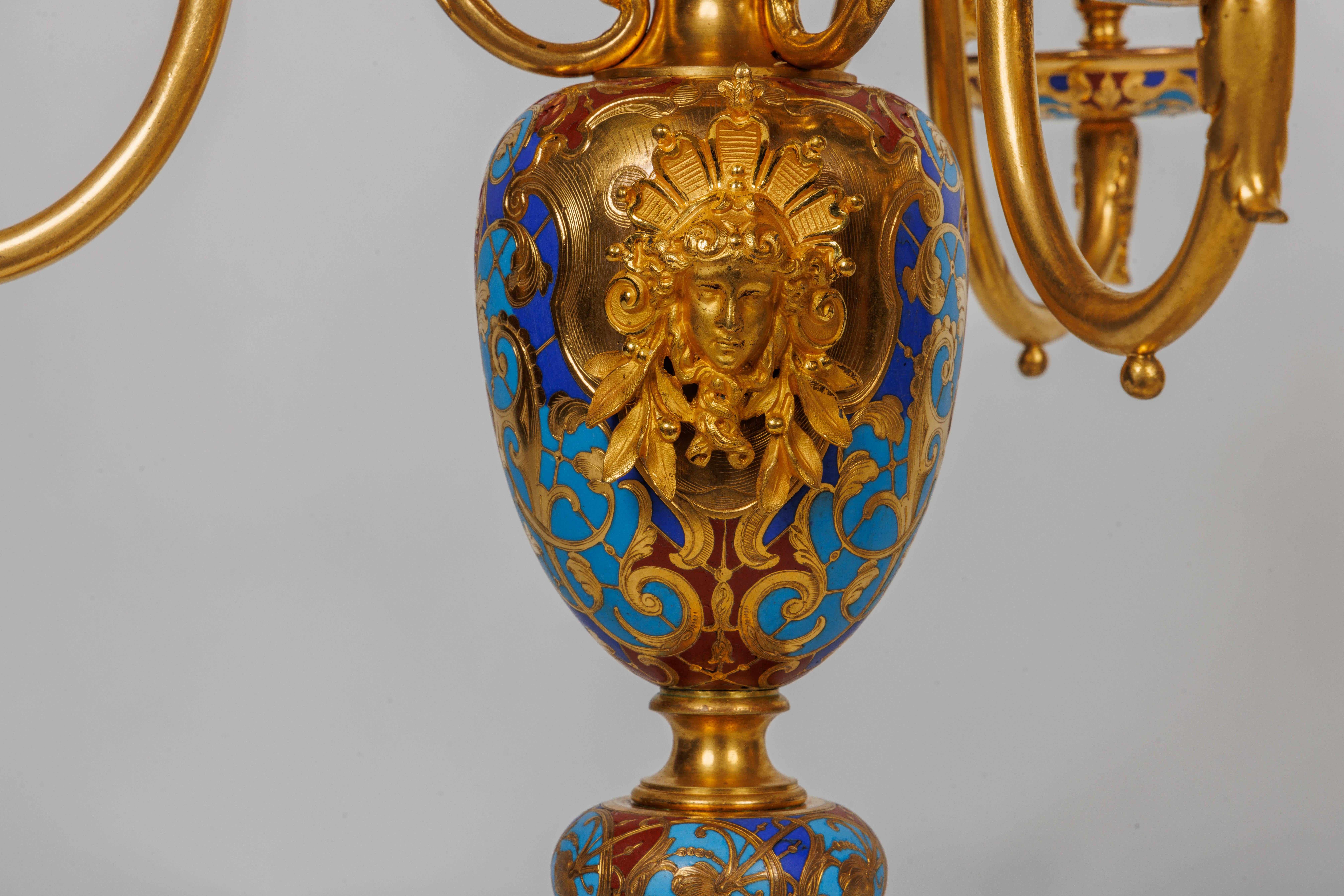 French An Exceptional Suite of Champleve Enamel Ormolu Candelabra by Sevin, Barbedienne For Sale