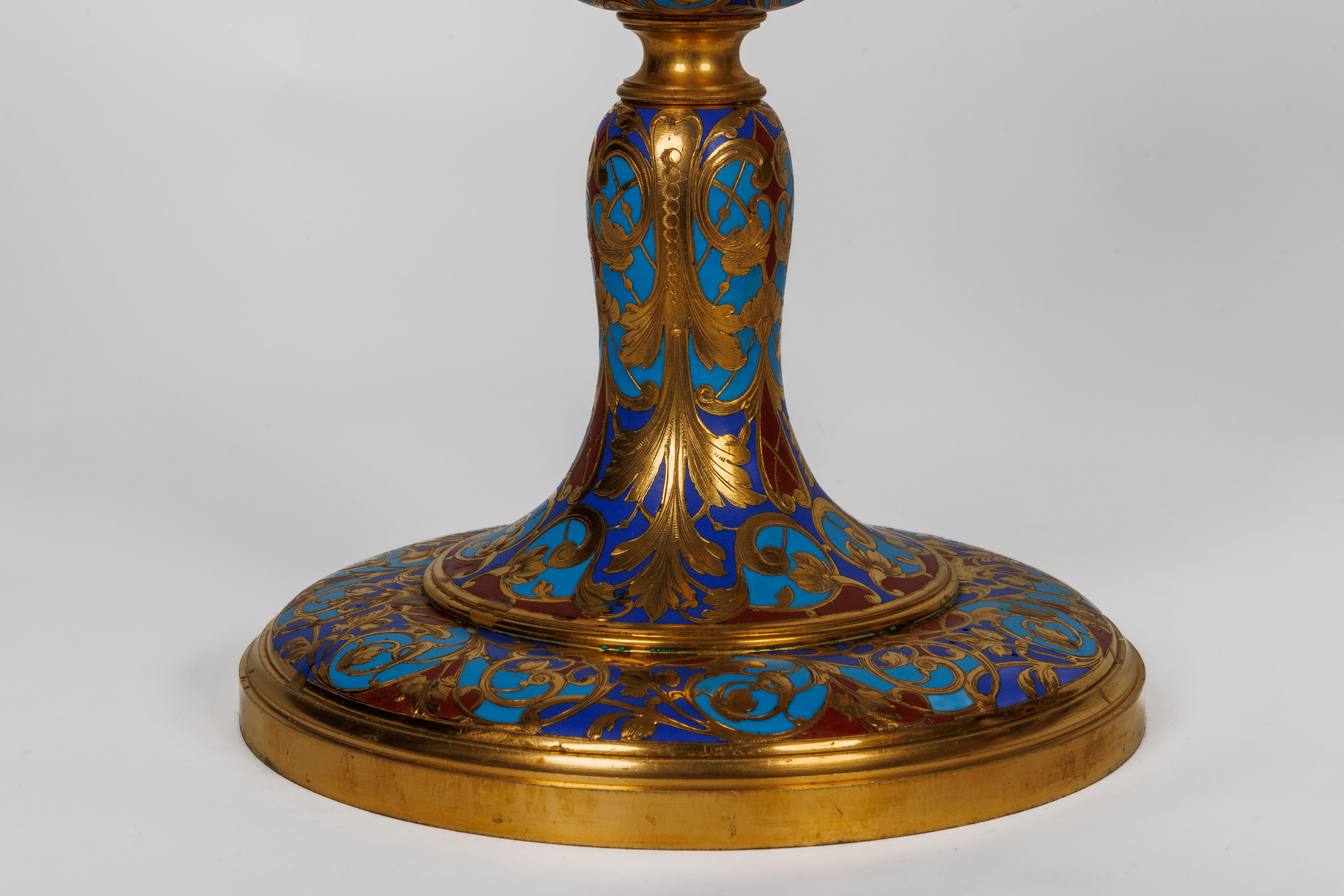 An Exceptional Suite of Champleve Enamel Ormolu Candelabra by Sevin, Barbedienne In Good Condition For Sale In New York, NY