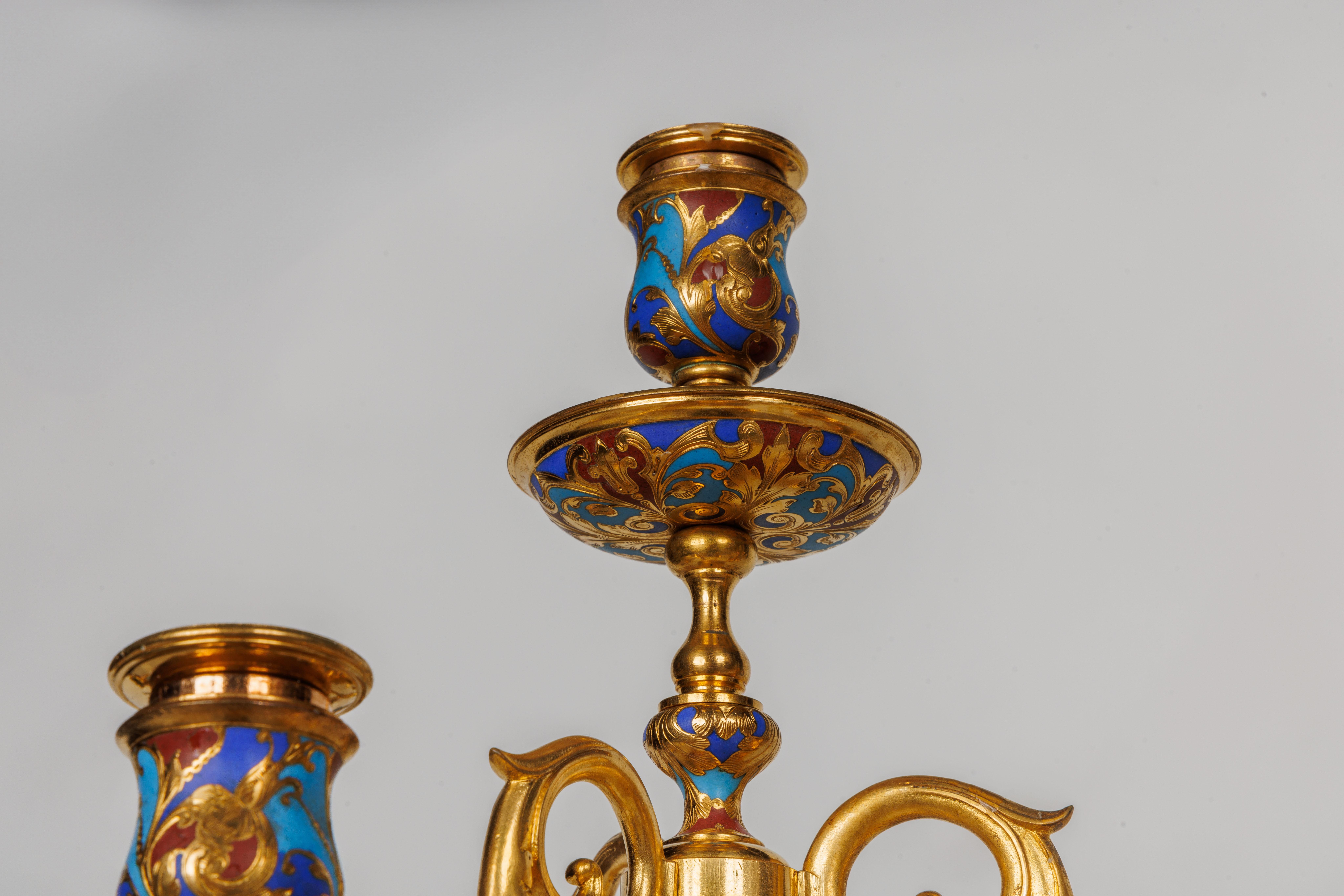 19th Century An Exceptional Suite of Champleve Enamel Ormolu Candelabra by Sevin, Barbedienne For Sale