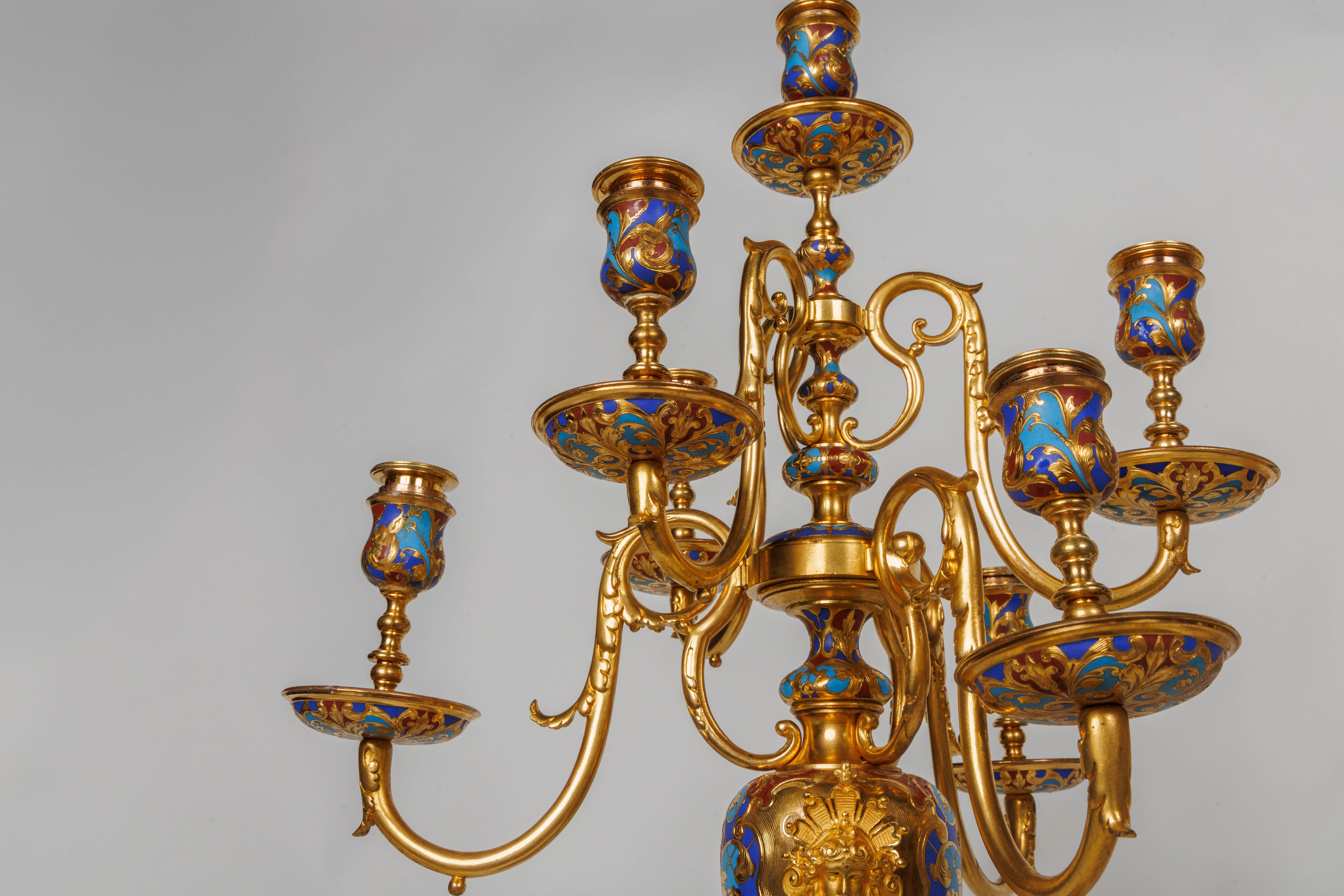 Bronze An Exceptional Suite of Champleve Enamel Ormolu Candelabra by Sevin, Barbedienne For Sale