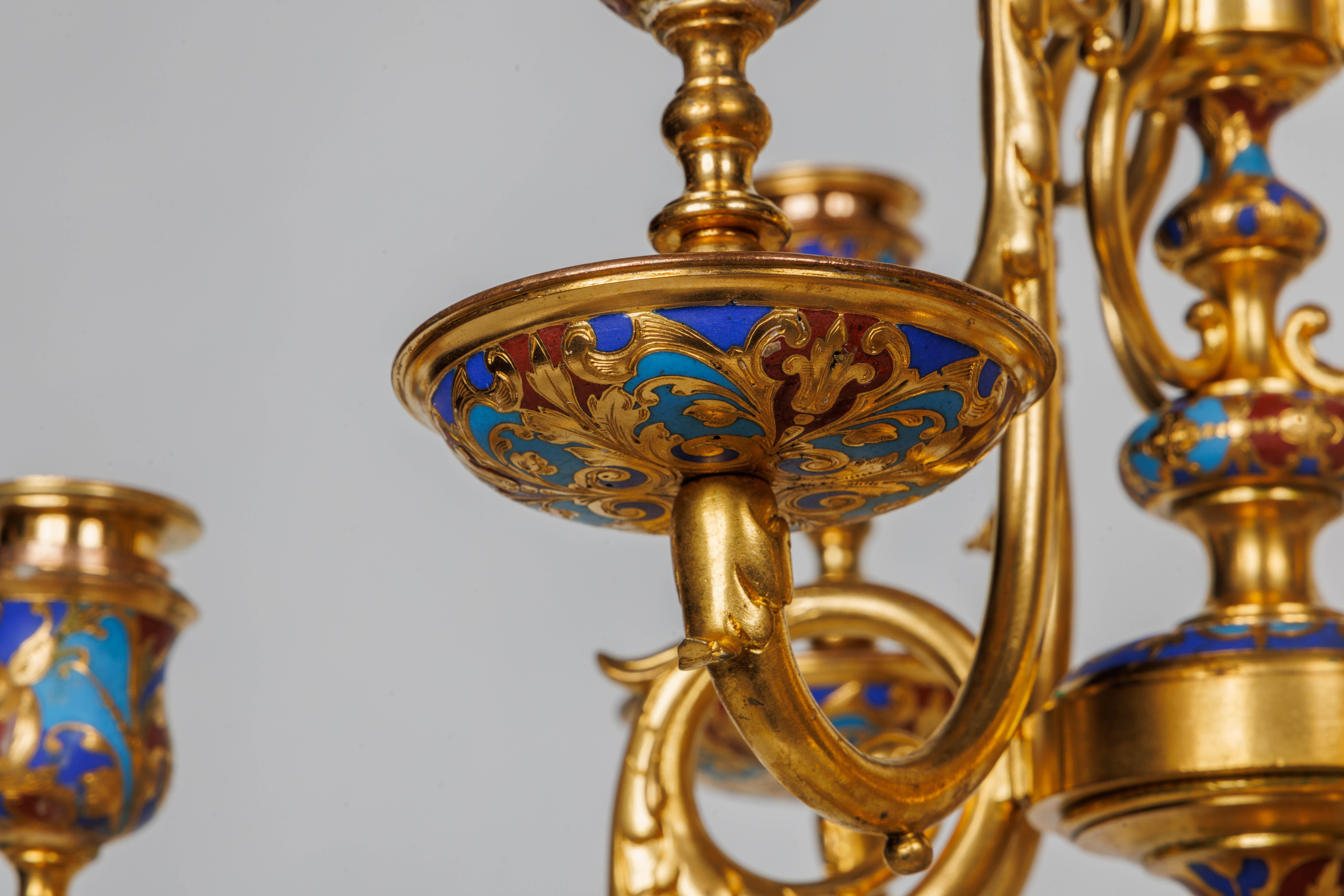 An Exceptional Suite of Champleve Enamel Ormolu Candelabra by Sevin, Barbedienne For Sale 1