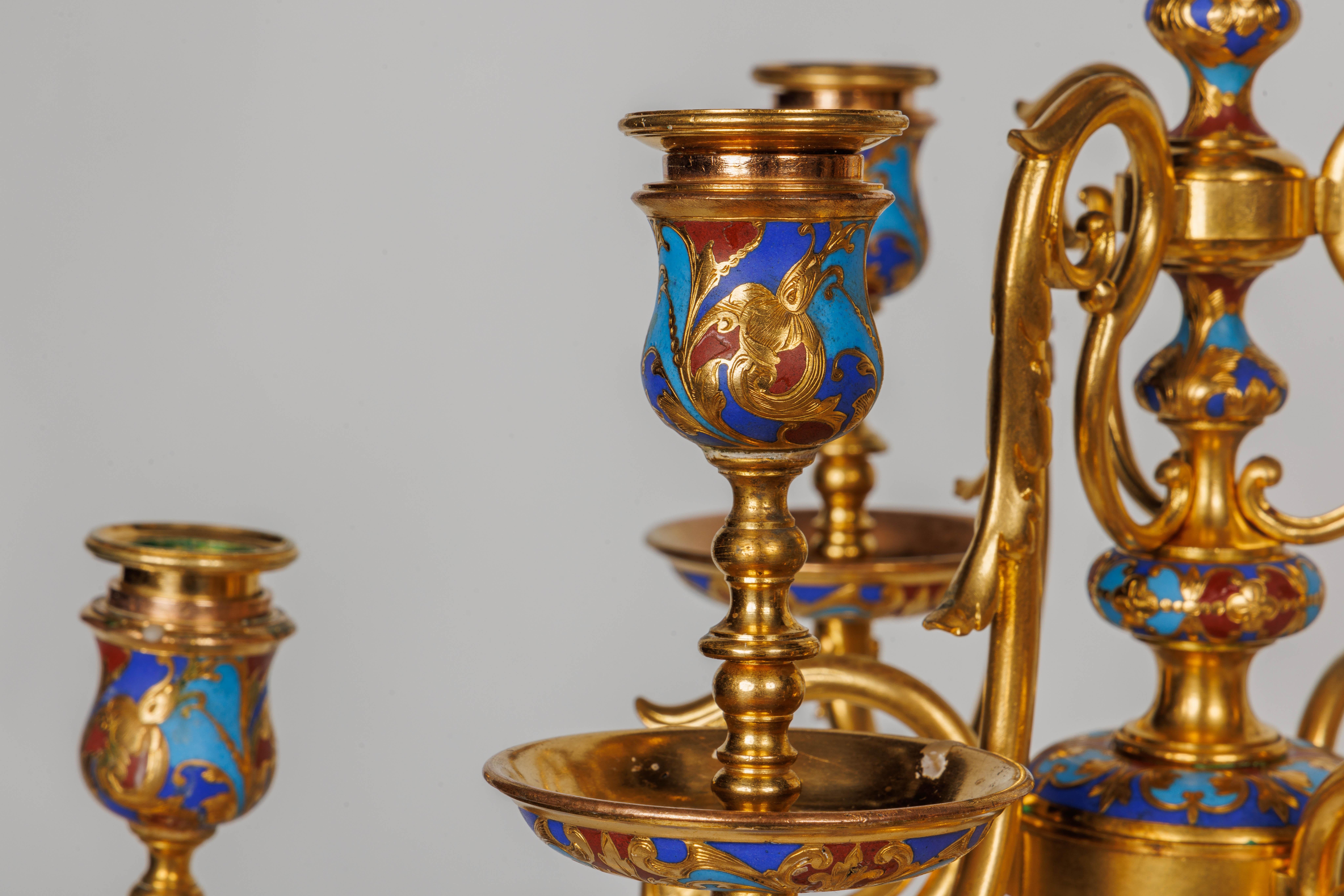 An Exceptional Suite of Champleve Enamel Ormolu Candelabra by Sevin, Barbedienne For Sale 2