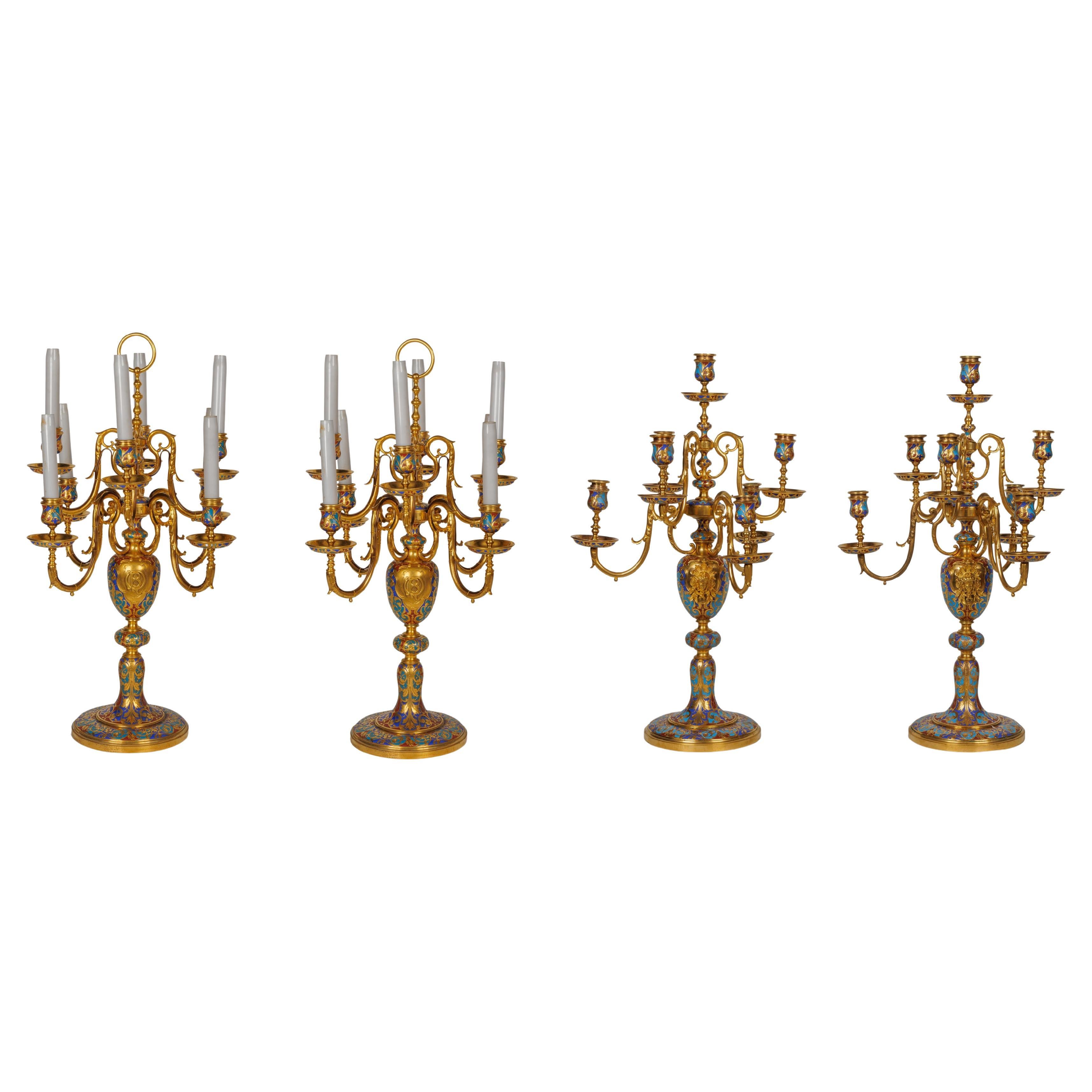 An Exceptional Suite of Champleve Enamel Ormolu Candelabra by Sevin, Barbedienne For Sale