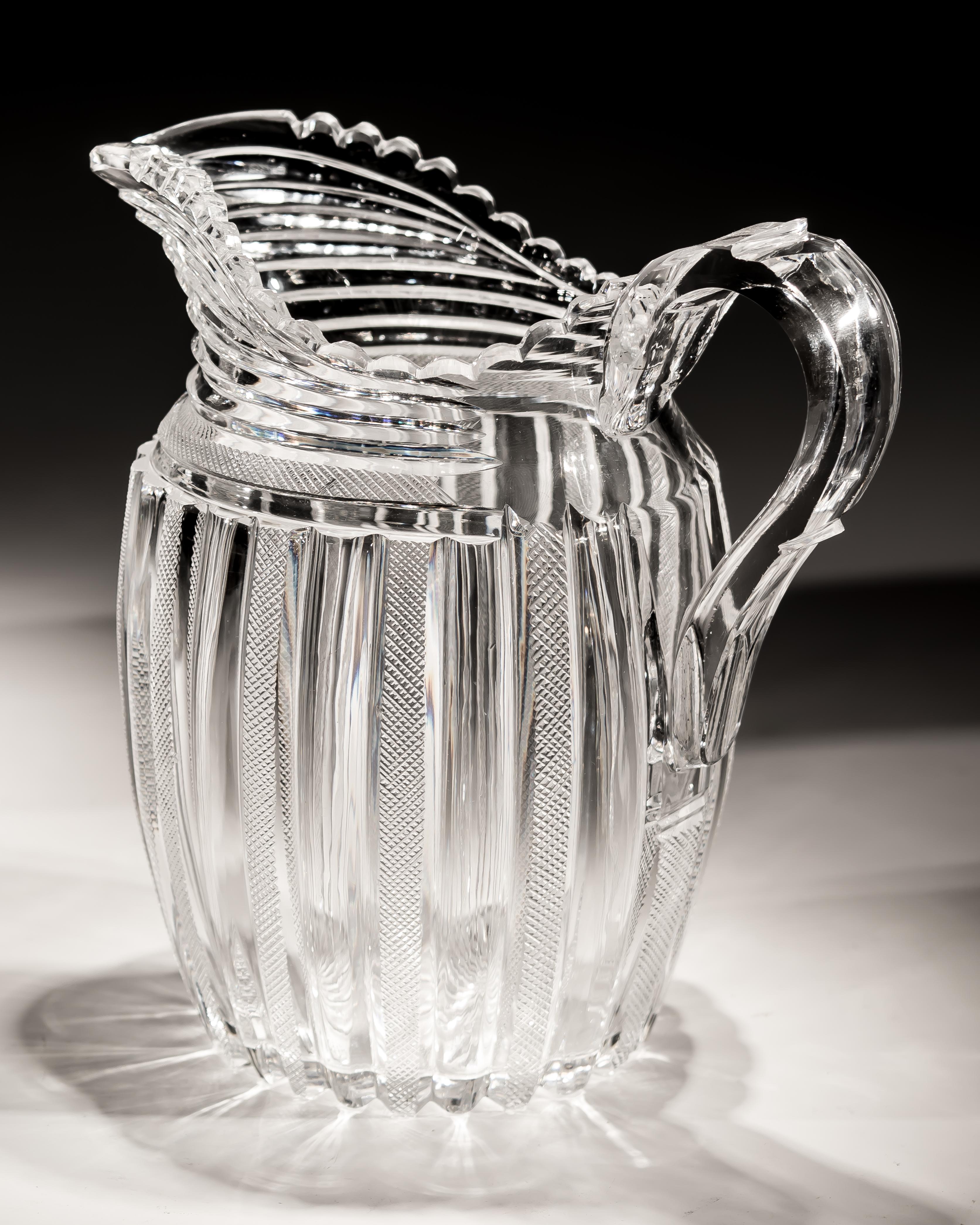 Early 19th Century Exceptional Suite of Pillar and File Cut Glass Jugs by John Blades For Sale