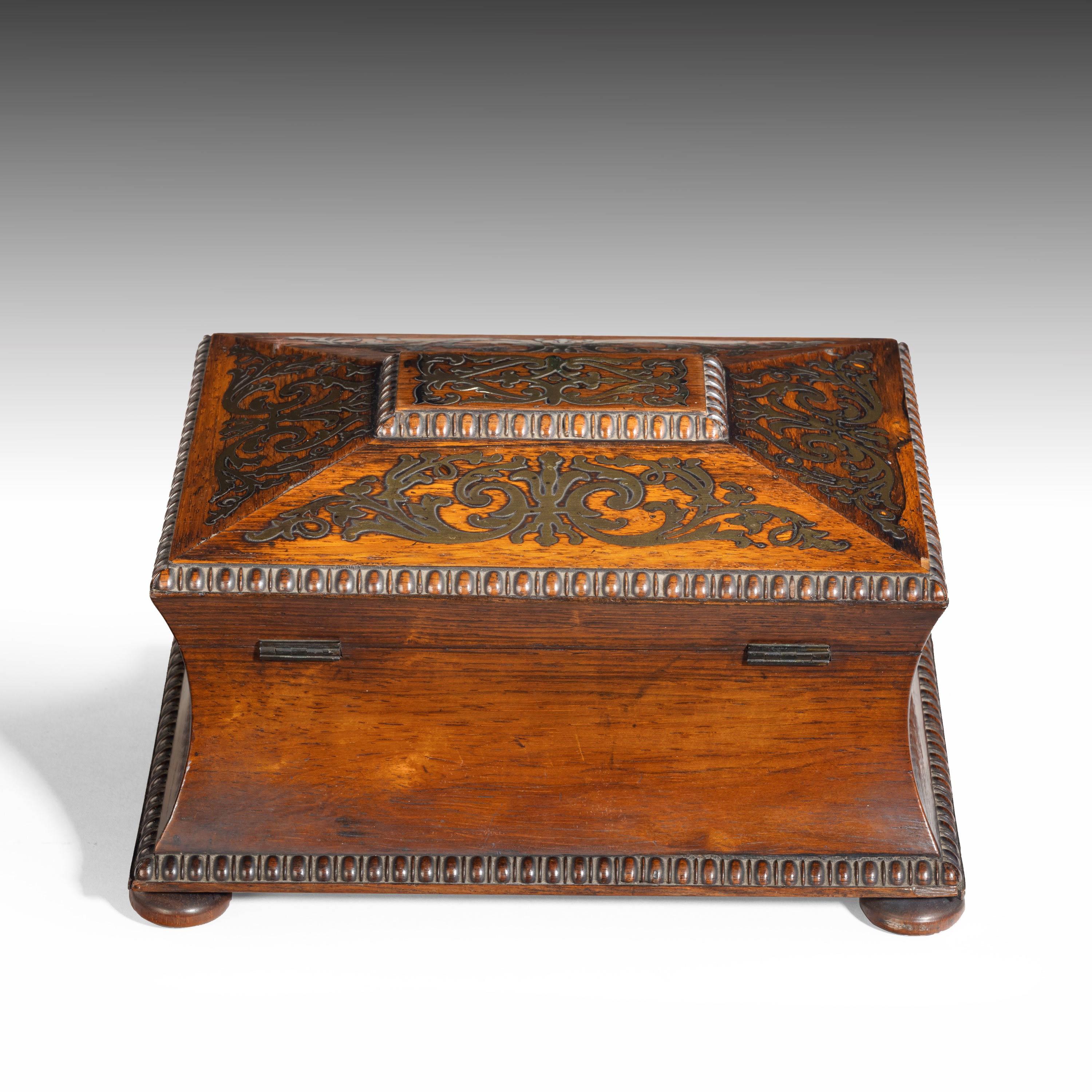English Exceptionally Fine Regency Period Waisted and Flared Brass Inlaid Caddy For Sale