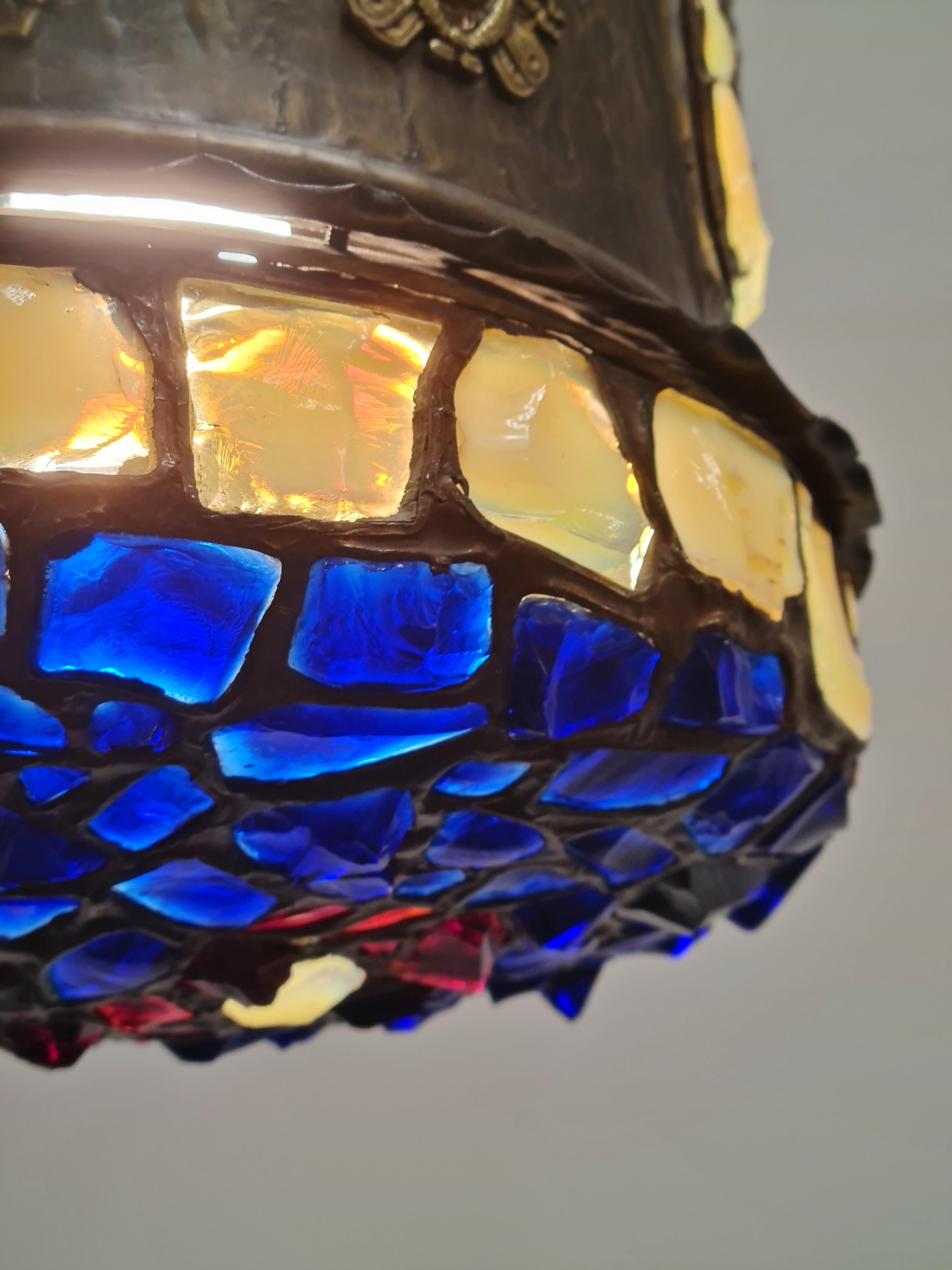 Bellissima lampada da soffitto Art Noveau, rame e vetro colorato 1890-1920 in vendita 7